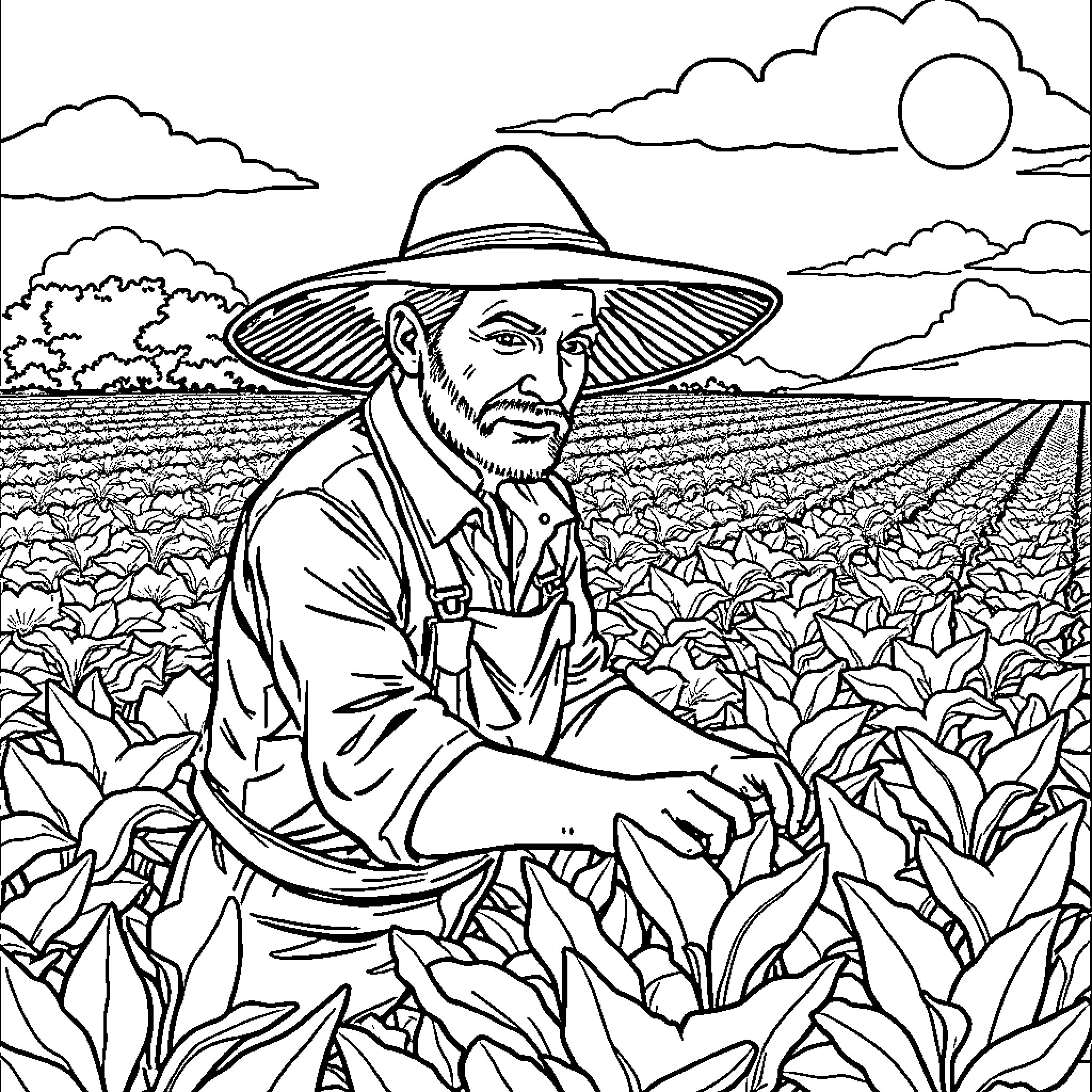 Farmer overlooking his lush crop field Coloring Page (free black-and-white line drawing printable PDF for all, from beginners to advanced learners, including children, teens, adults, and seniors)