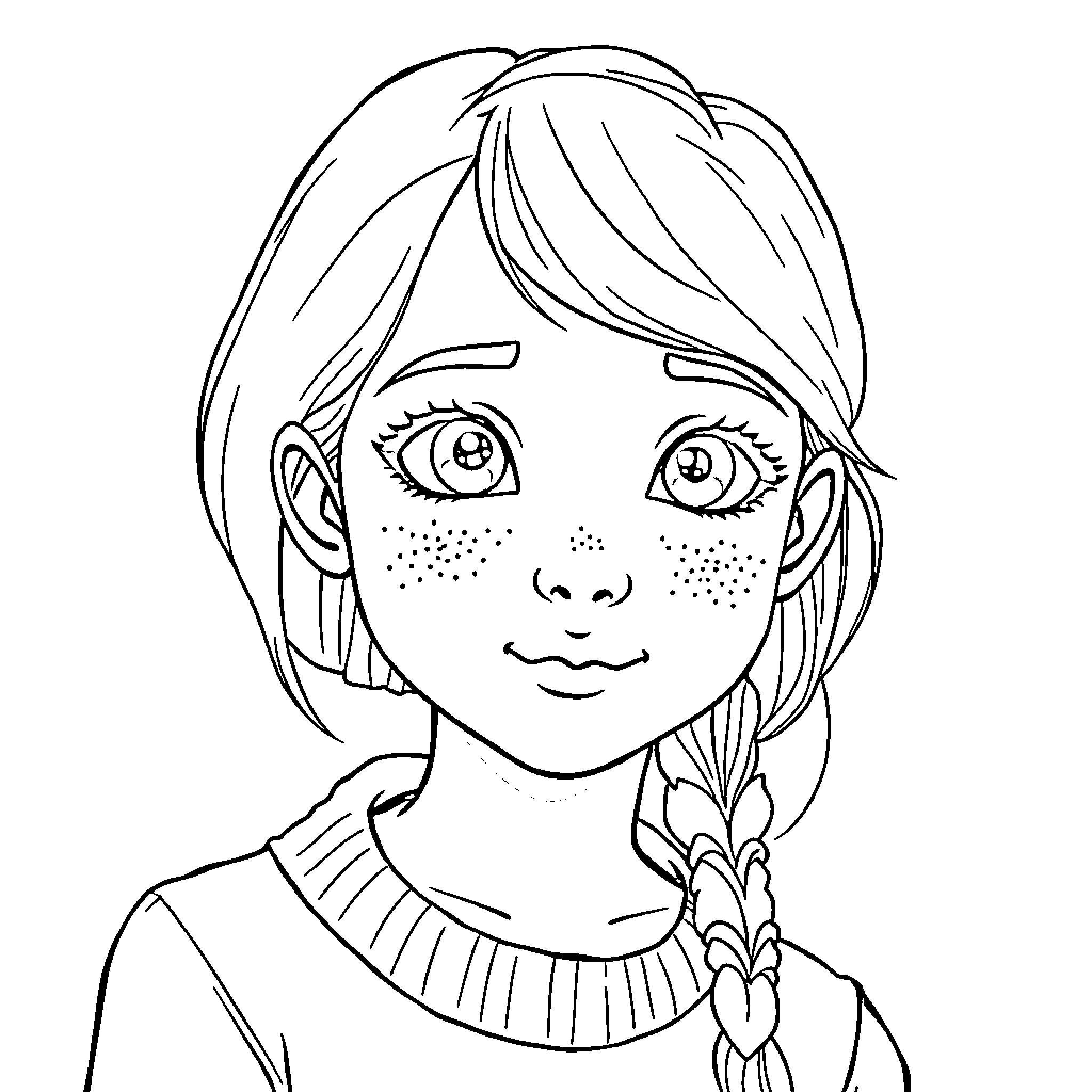 Paula's Friendly Expression and Braided Hairstyle Coloring Page (free black-and-white line drawing printable PDF for all, from beginners to advanced learners, including children, teens, adults, and seniors)