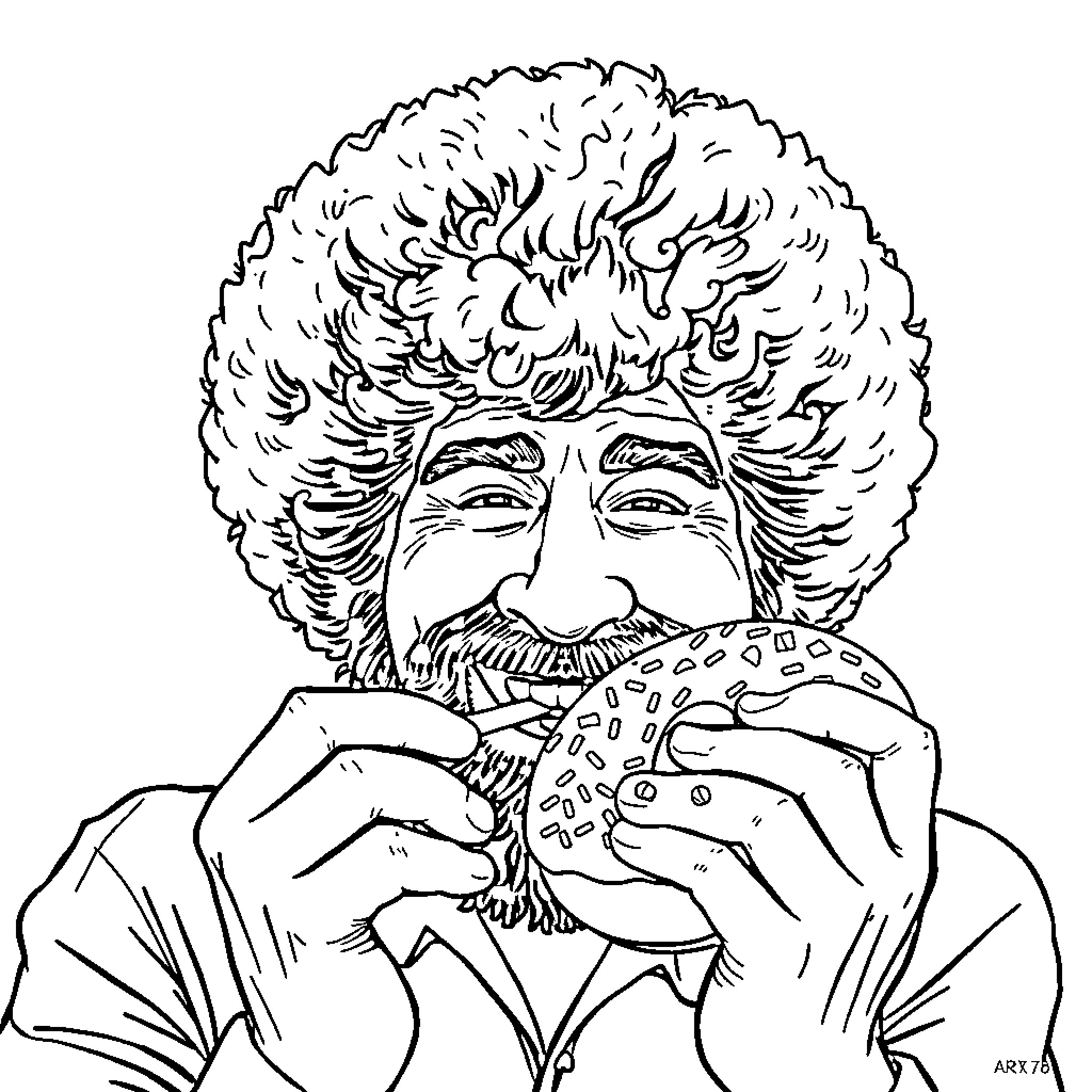Bob Ross enjoying a snack with his iconic curly hair Coloring Page (free black-and-white line drawing printable PDF for all, from beginners to advanced learners, including children, teens, adults, and seniors)