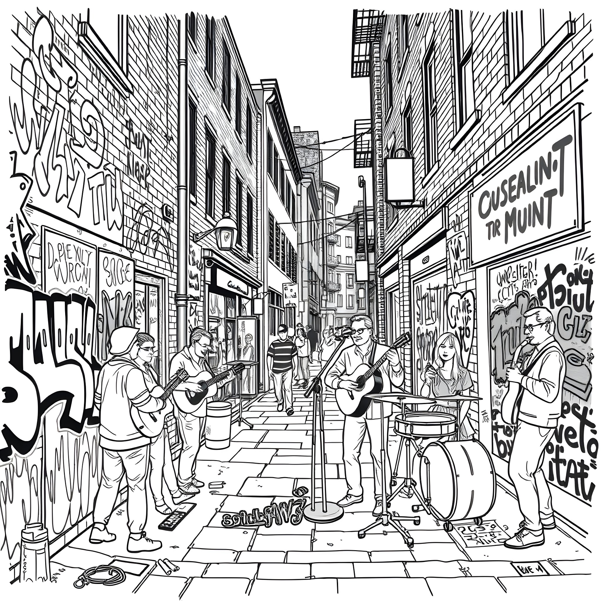 City Street Scene with Performers and Graffiti Coloring Page (free black-and-white line drawing printable PDF for all, from beginners to advanced learners, including children, teens, adults, and seniors)