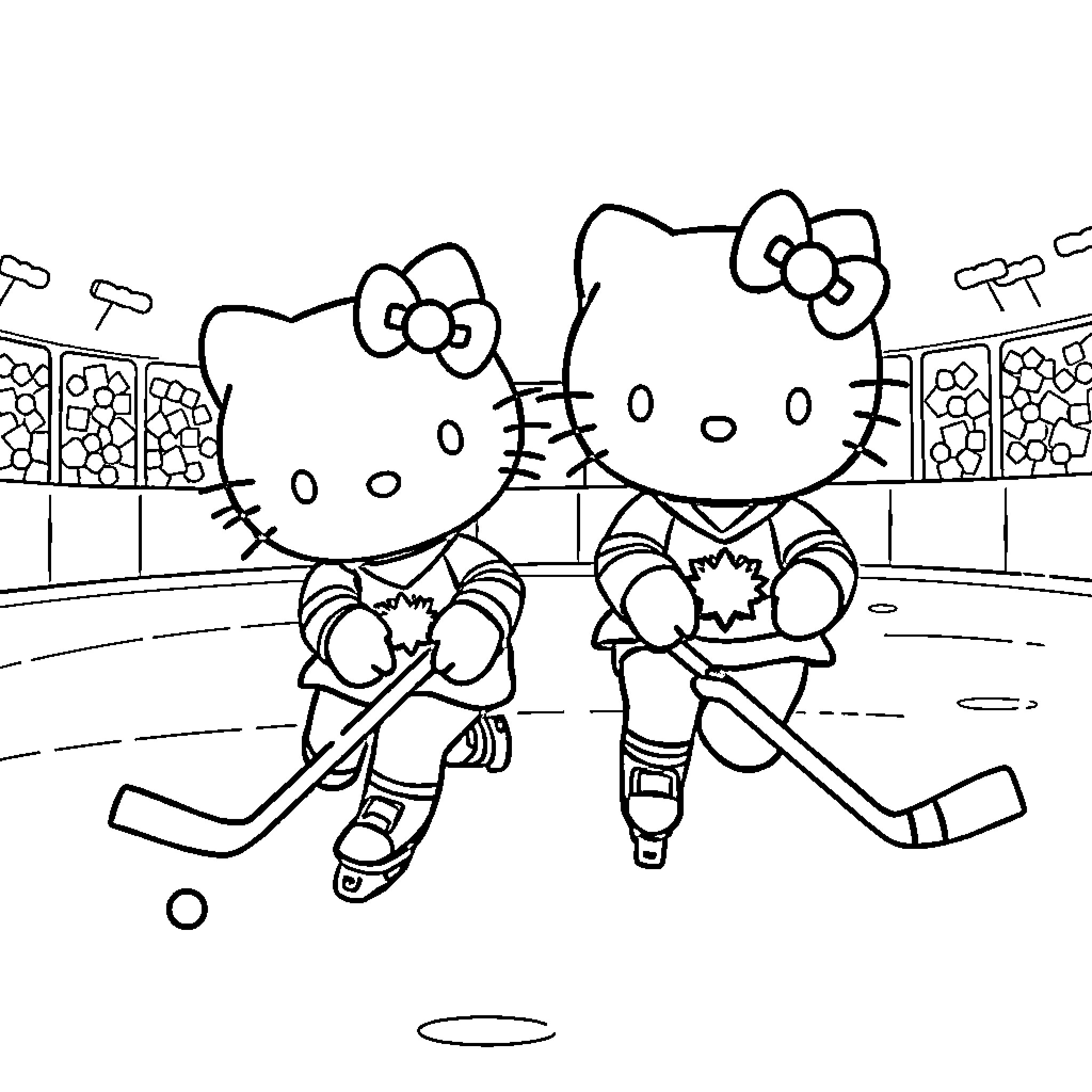 Hello Kitty Playing Hockey on the Ice Rink Coloring Page (free black-and-white line drawing printable PDF for all, from beginners to advanced learners, including children, teens, adults, and seniors)