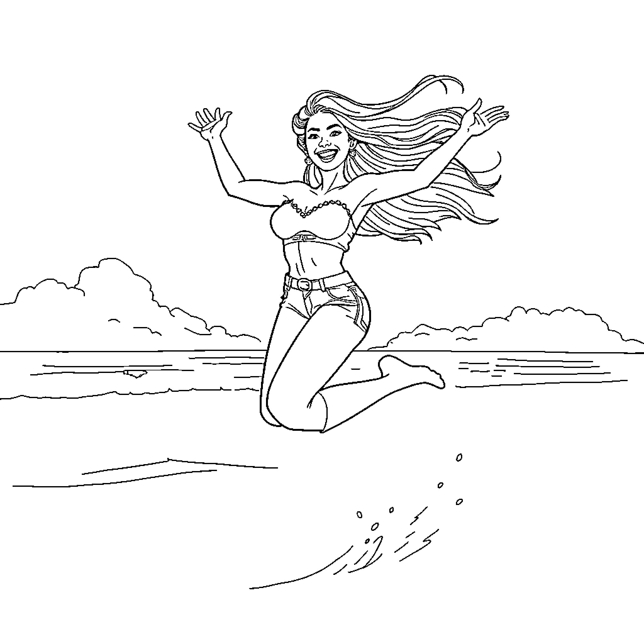 Latina woman joyfully jumping in the ocean Coloring Page (free black-and-white line drawing printable PDF for all, from beginners to advanced learners, including children, teens, adults, and seniors)