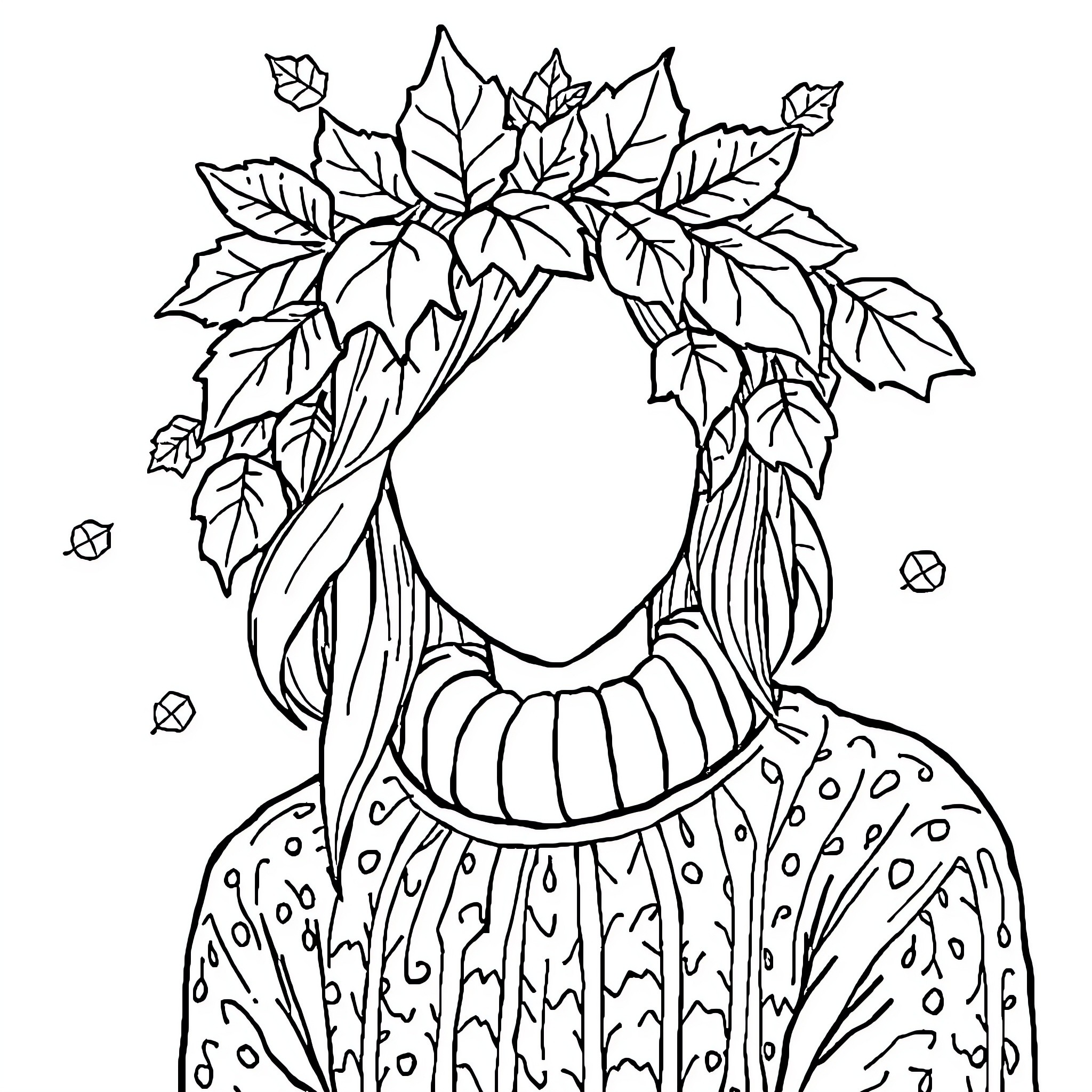 Fall Foliage Wreath Adorns Patterned Figure Coloring Page (free black-and-white line drawing printable PDF for all, from beginners to advanced learners, including children, teens, adults, and seniors)