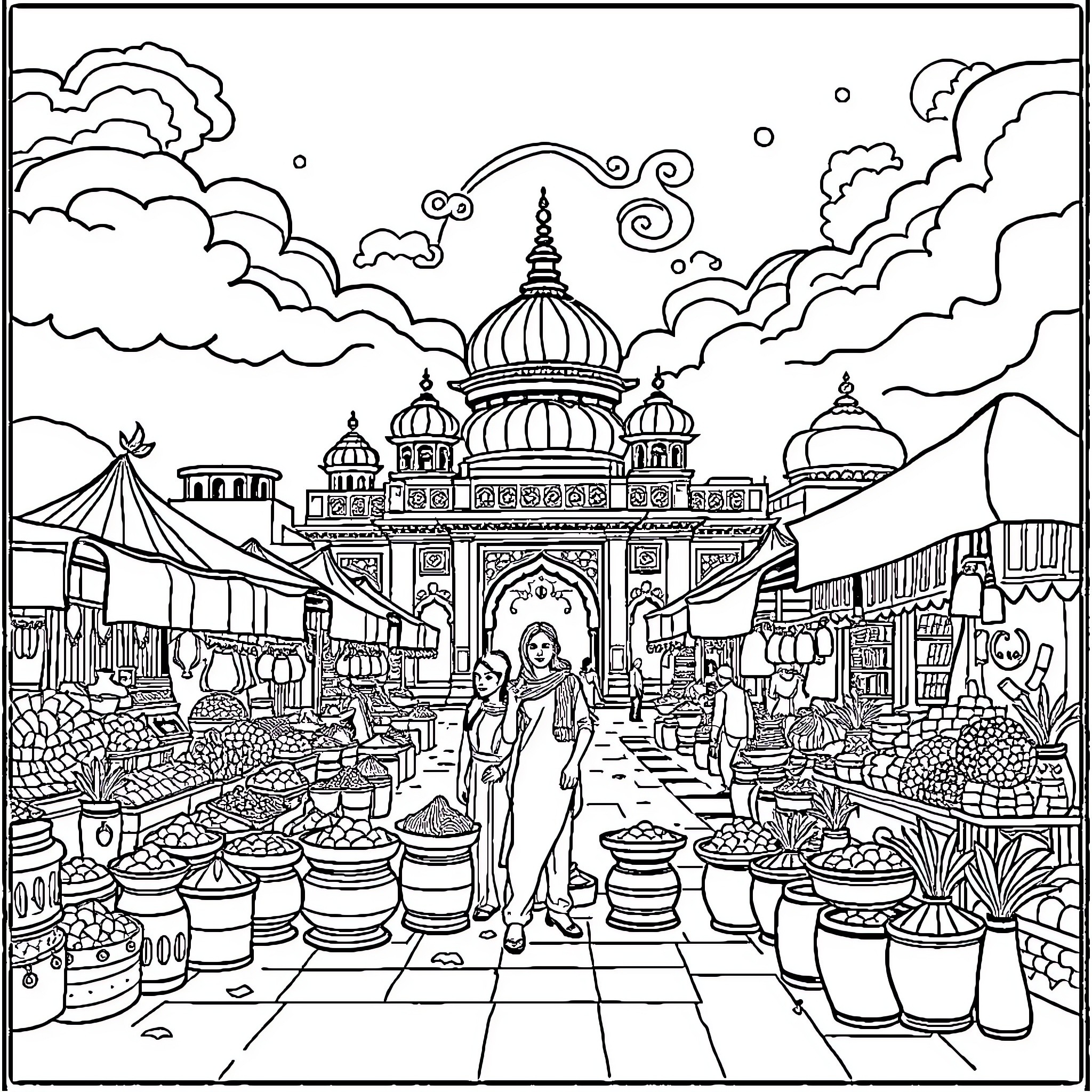 India bustling market scene with intricate architecture Coloring Page (free black-and-white line drawing printable PDF for all, from beginners to advanced learners, including children, teens, adults, and seniors)