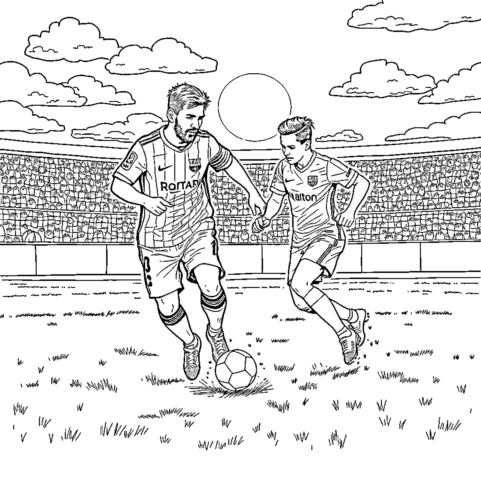 Messi and teammates battle on the soccer field Coloring Page (free black-and-white line drawing printable PDF for all, from beginners to advanced learners, including children, teens, adults, and seniors)