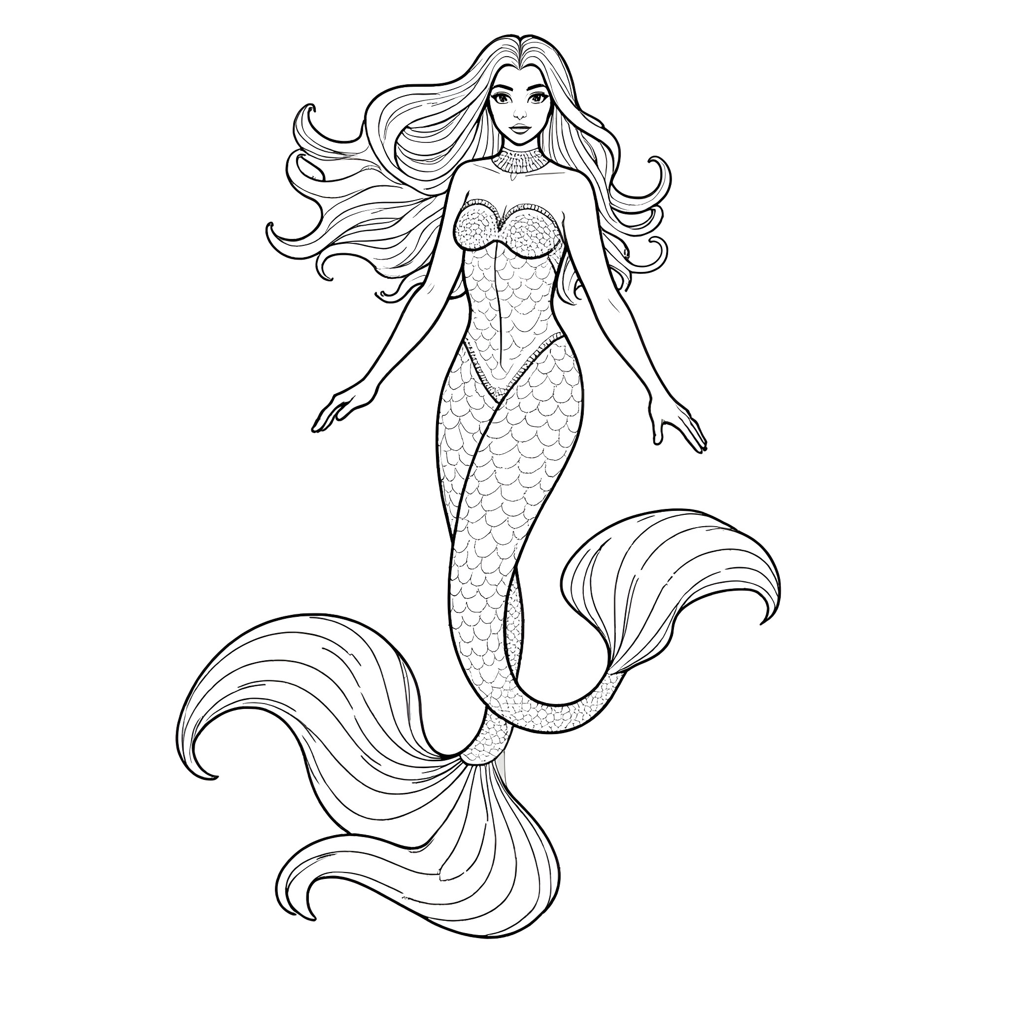 Venom mermaid with flowing hair and elegant dress Coloring Page (free black-and-white line drawing printable PDF for all, from beginners to advanced learners, including children, teens, adults, and seniors)