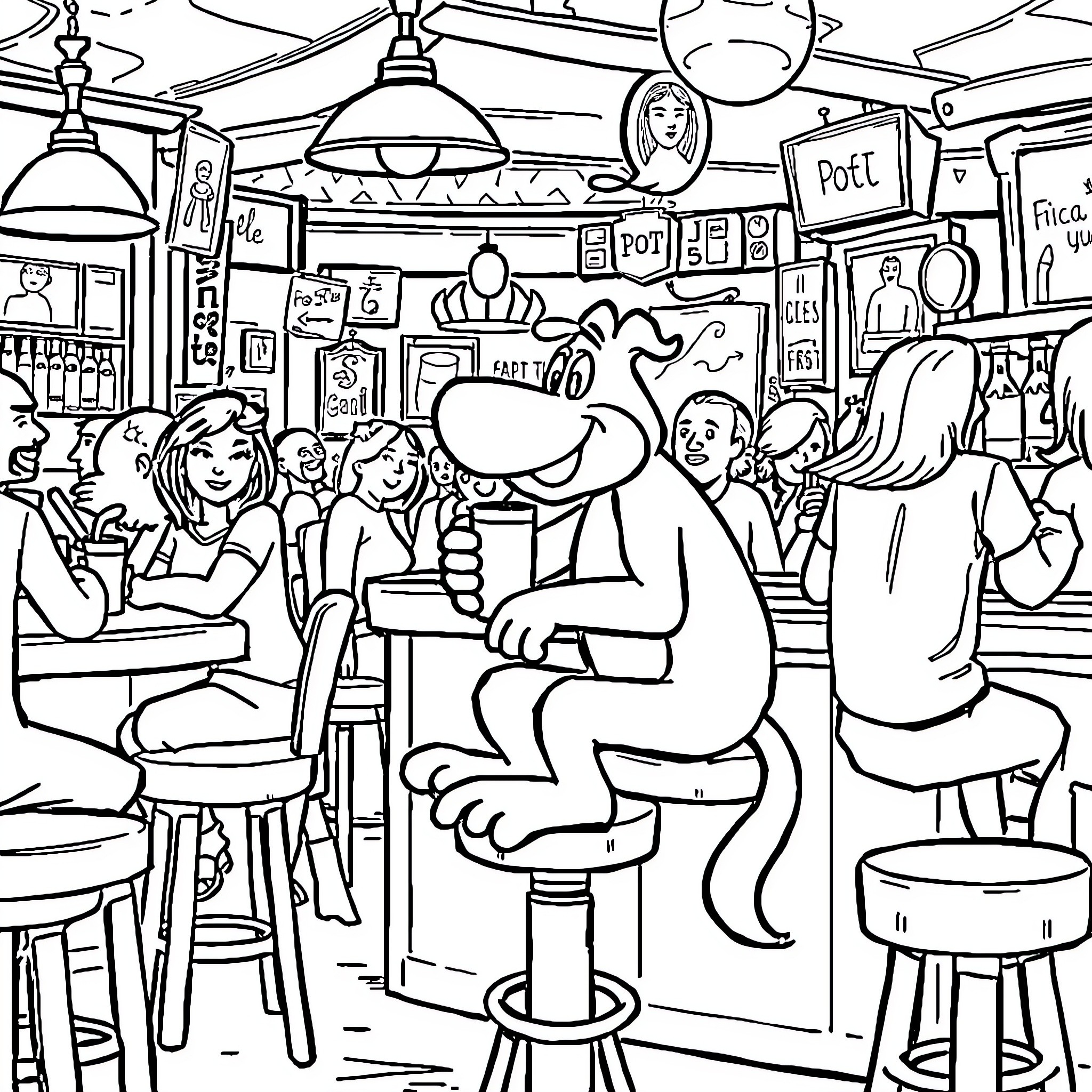 Bluey's Lively Cafe Adventure Coloring Page (free black-and-white line drawing printable PDF for all, from beginners to advanced learners, including children, teens, adults, and seniors)