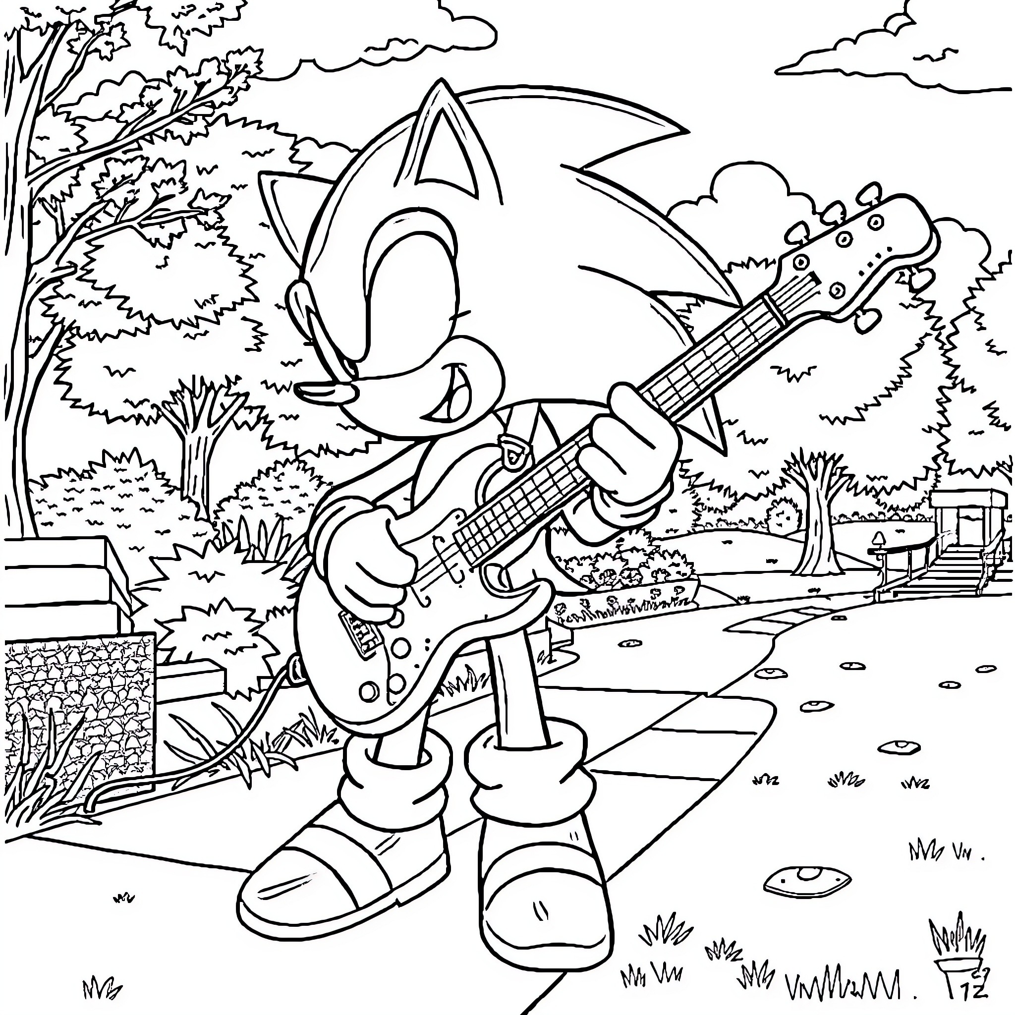 Sonic playing guitar in the great outdoors Coloring Page (free black-and-white line drawing printable PDF for all, from beginners to advanced learners, including children, teens, adults, and seniors)