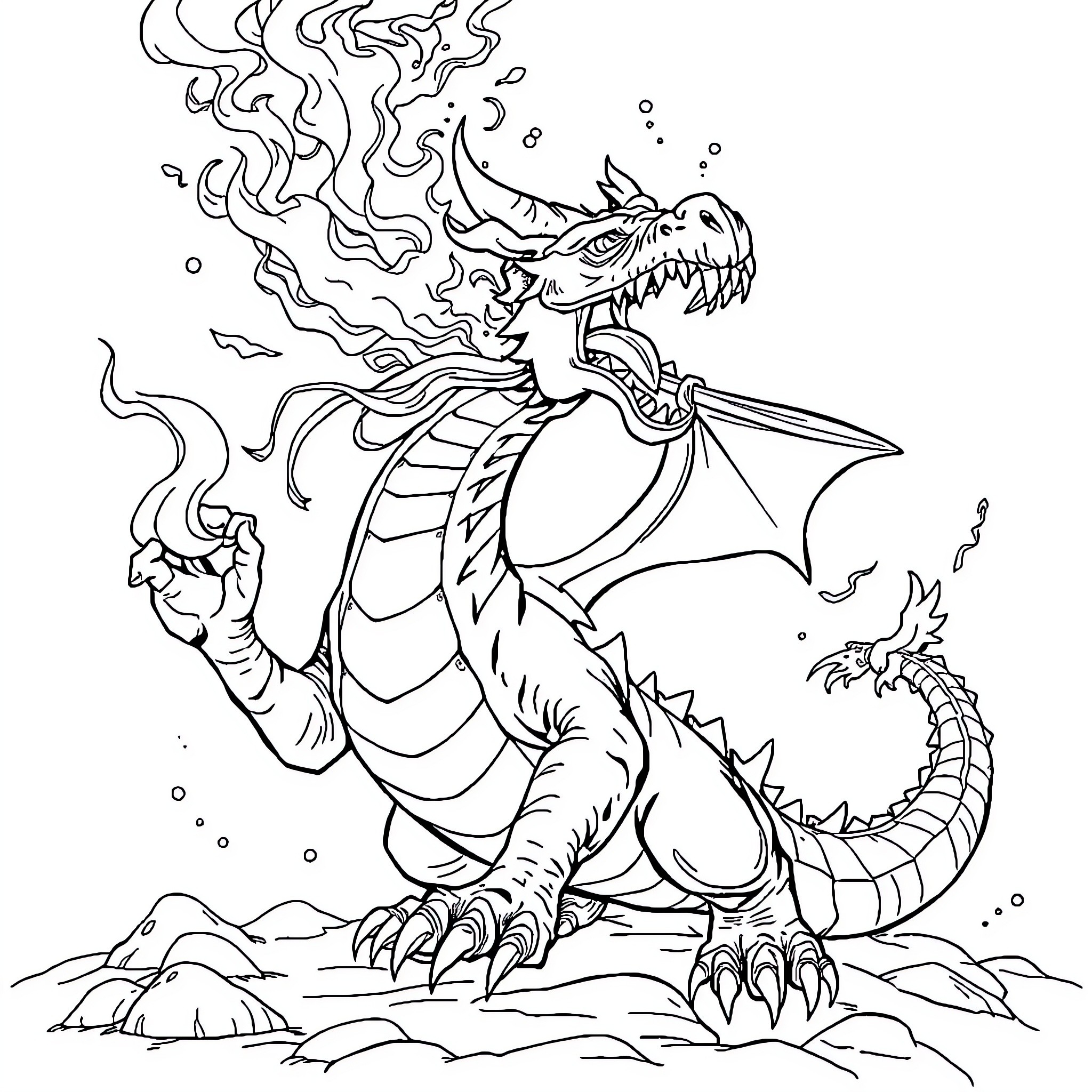 Dragon breathing fire and wielding a sword Coloring Page (free black-and-white line drawing printable PDF for all, from beginners to advanced learners, including children, teens, adults, and seniors)