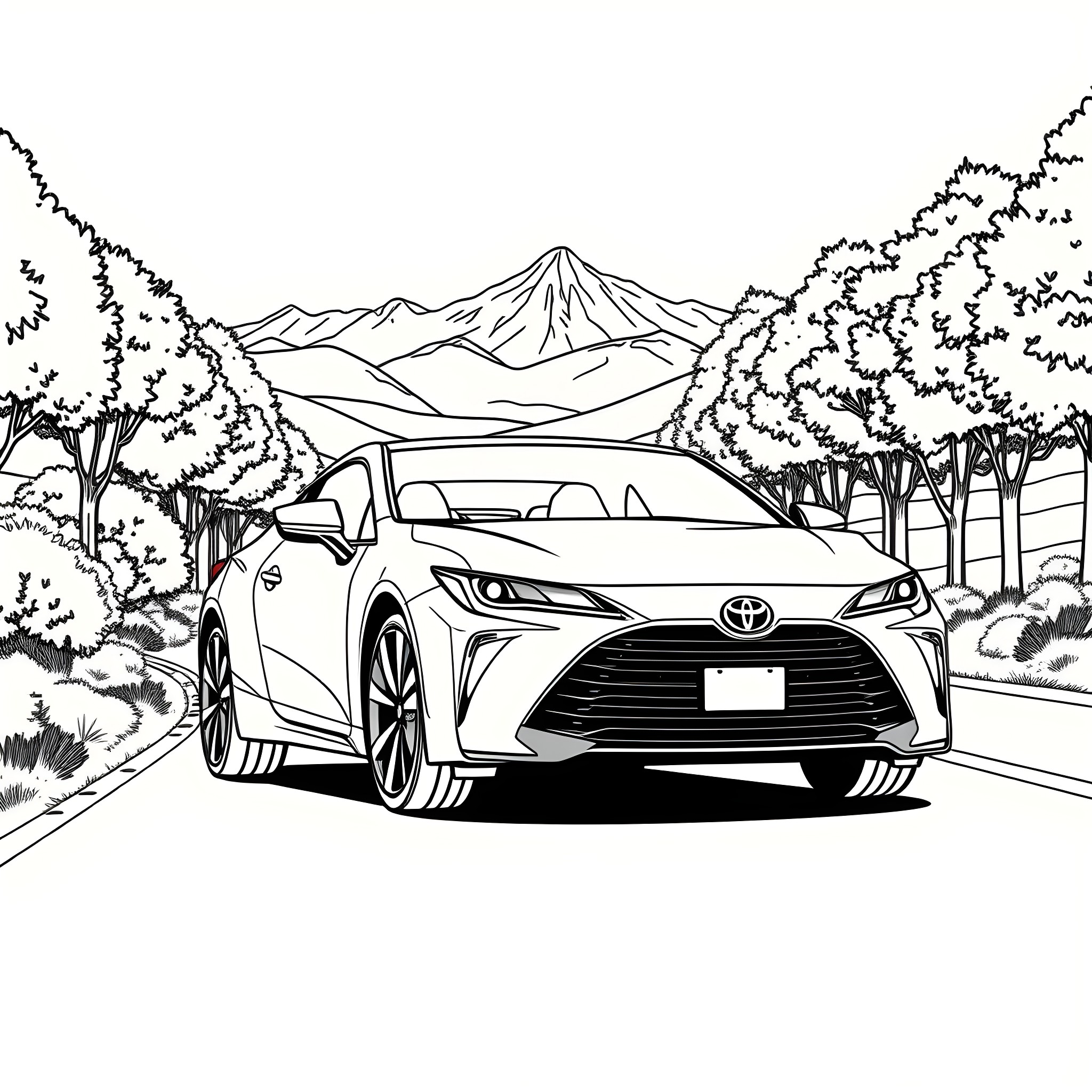 Toyota car driving on scenic mountain road Coloring Page (free black-and-white line drawing printable PDF for all, from beginners to advanced learners, including children, teens, adults, and seniors)