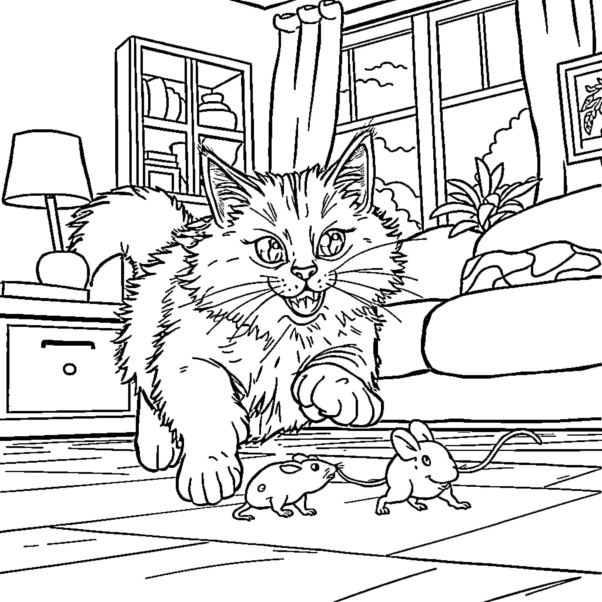 Cat with Curious Pets in the Home Coloring Page (free black-and-white line drawing printable PDF for all, from beginners to advanced learners, including children, teens, adults, and seniors)