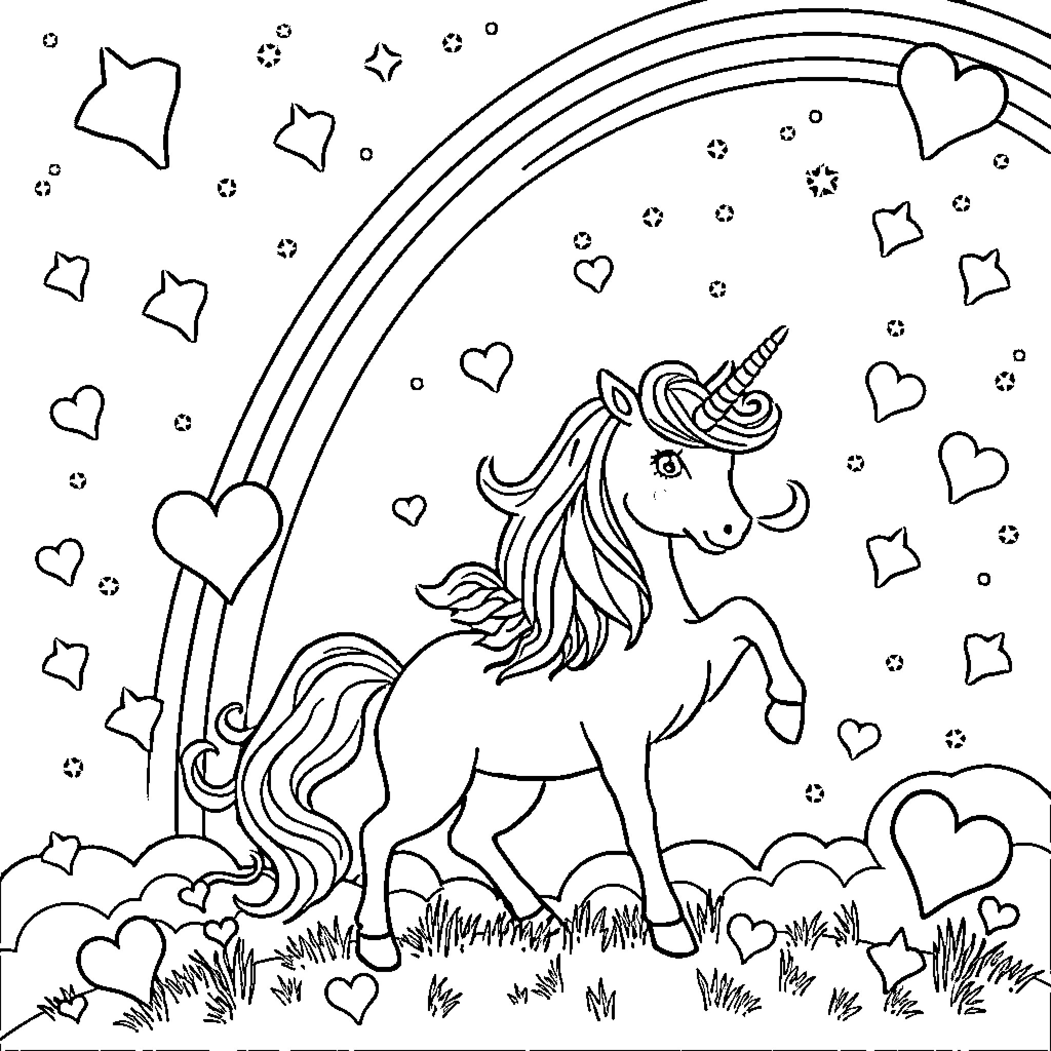 Unicorn playing among the stars and hearts Coloring Page (free black-and-white line drawing printable PDF for all, from beginners to advanced learners, including children, teens, adults, and seniors)