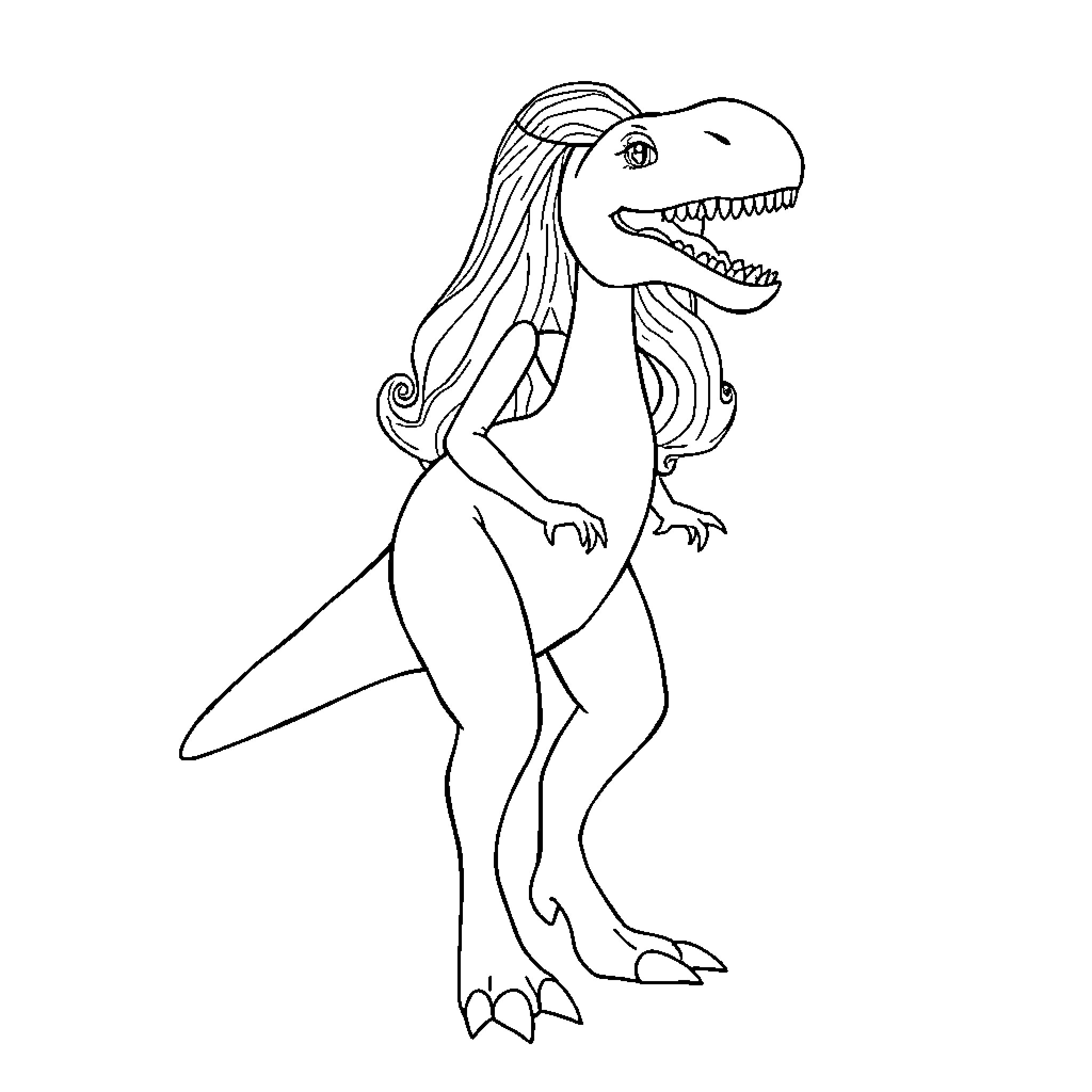 Dinosaur with long hair smiling happily Coloring Page (free black-and-white line drawing printable PDF for all, from beginners to advanced learners, including children, teens, adults, and seniors)