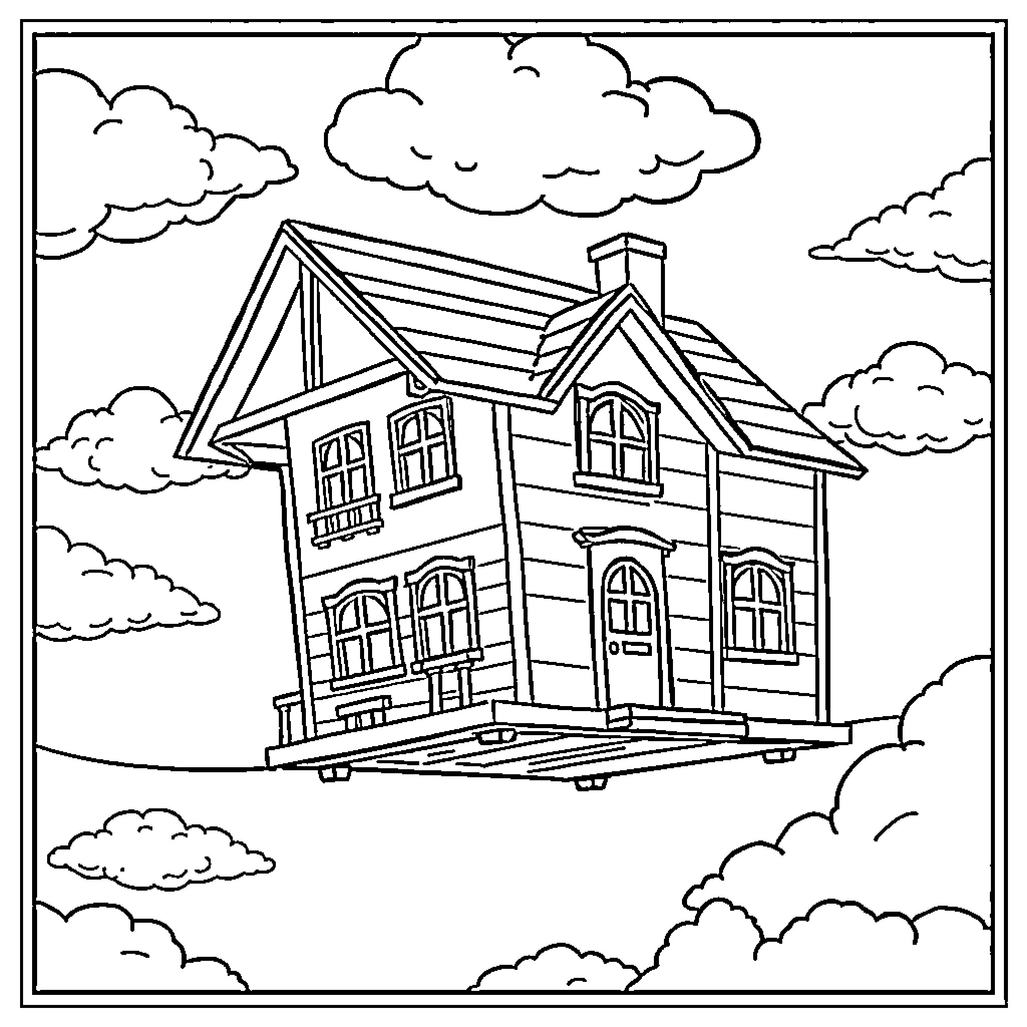Gabby Doll's Floating Cottage in the Clouds Coloring Page (free black-and-white line drawing printable PDF for all, from beginners to advanced learners, including children, teens, adults, and seniors)
