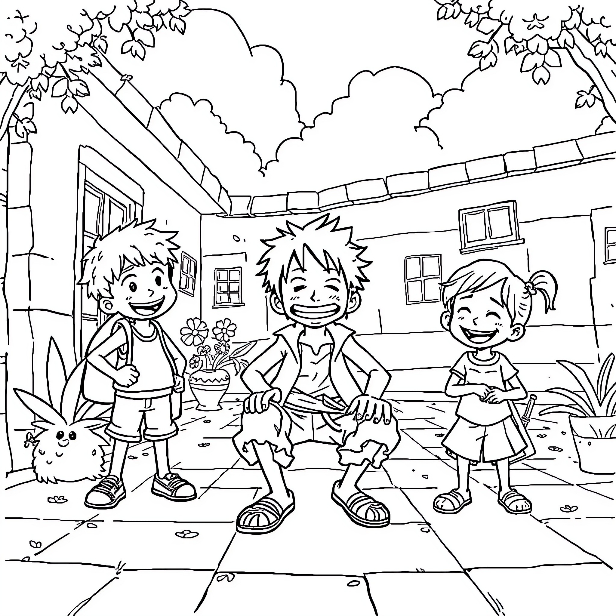 Luffy and friends exploring the neighborhood Coloring Page (free black-and-white line drawing printable PDF for all, from beginners to advanced learners, including children, teens, adults, and seniors)