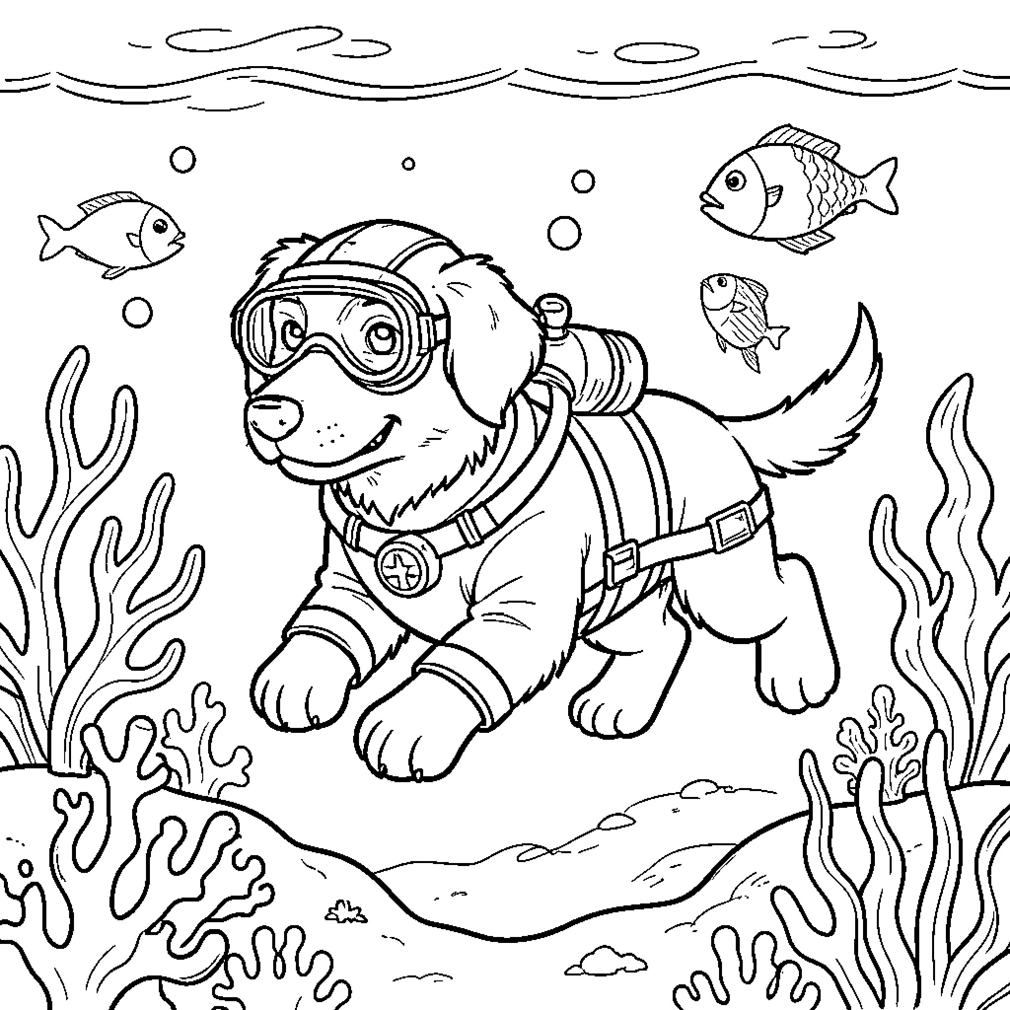 Dog wearing scuba gear swimming underwater with fish Coloring Page (free black-and-white line drawing printable PDF for all, from beginners to advanced learners, including children, teens, adults, and seniors)