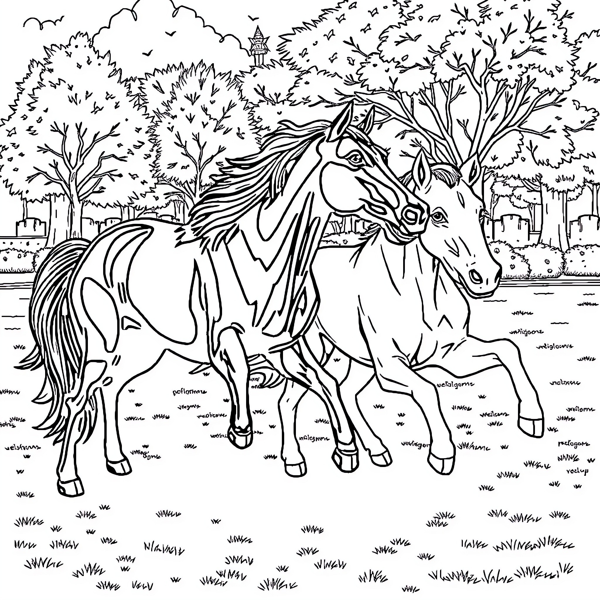 Dog running through the forest with friends Coloring Page (free black-and-white line drawing printable PDF for all, from beginners to advanced learners, including children, teens, adults, and seniors)