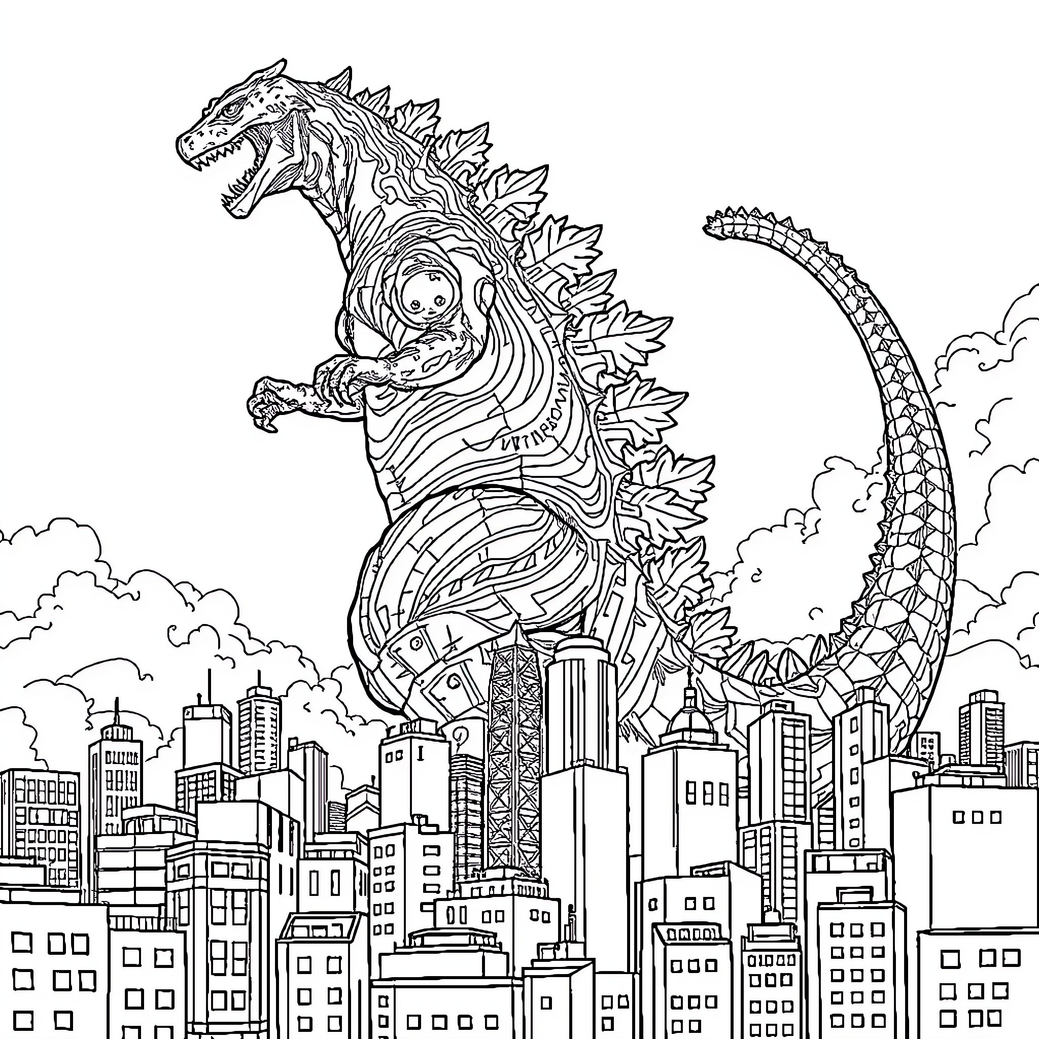 Godzilla rampaging through the city skyline Coloring Page (free black-and-white line drawing printable PDF for all, from beginners to advanced learners, including children, teens, adults, and seniors)