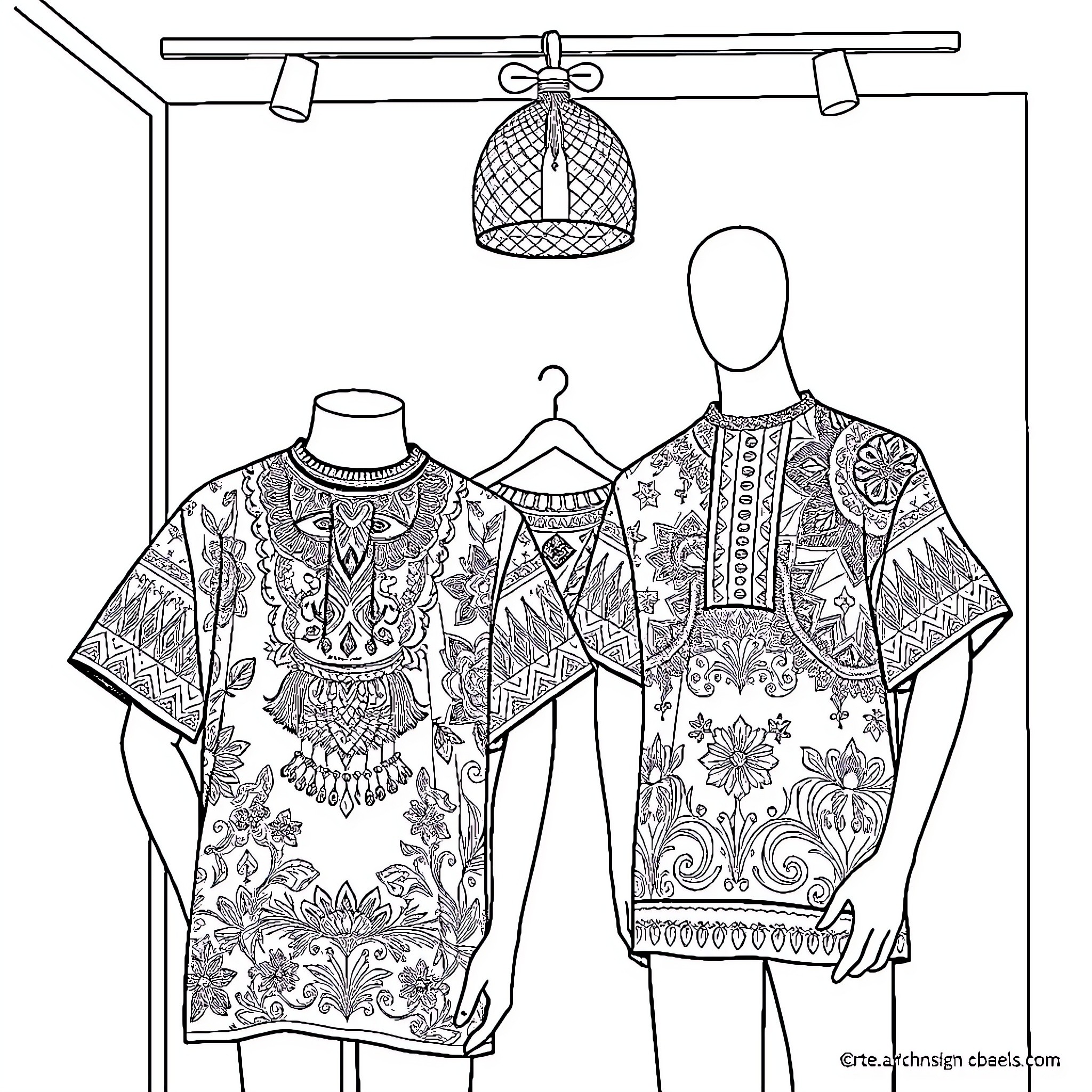 Clothing with Intricate Floral Patterns Coloring Page (free black-and-white line drawing printable PDF for all, from beginners to advanced learners, including children, teens, adults, and seniors)