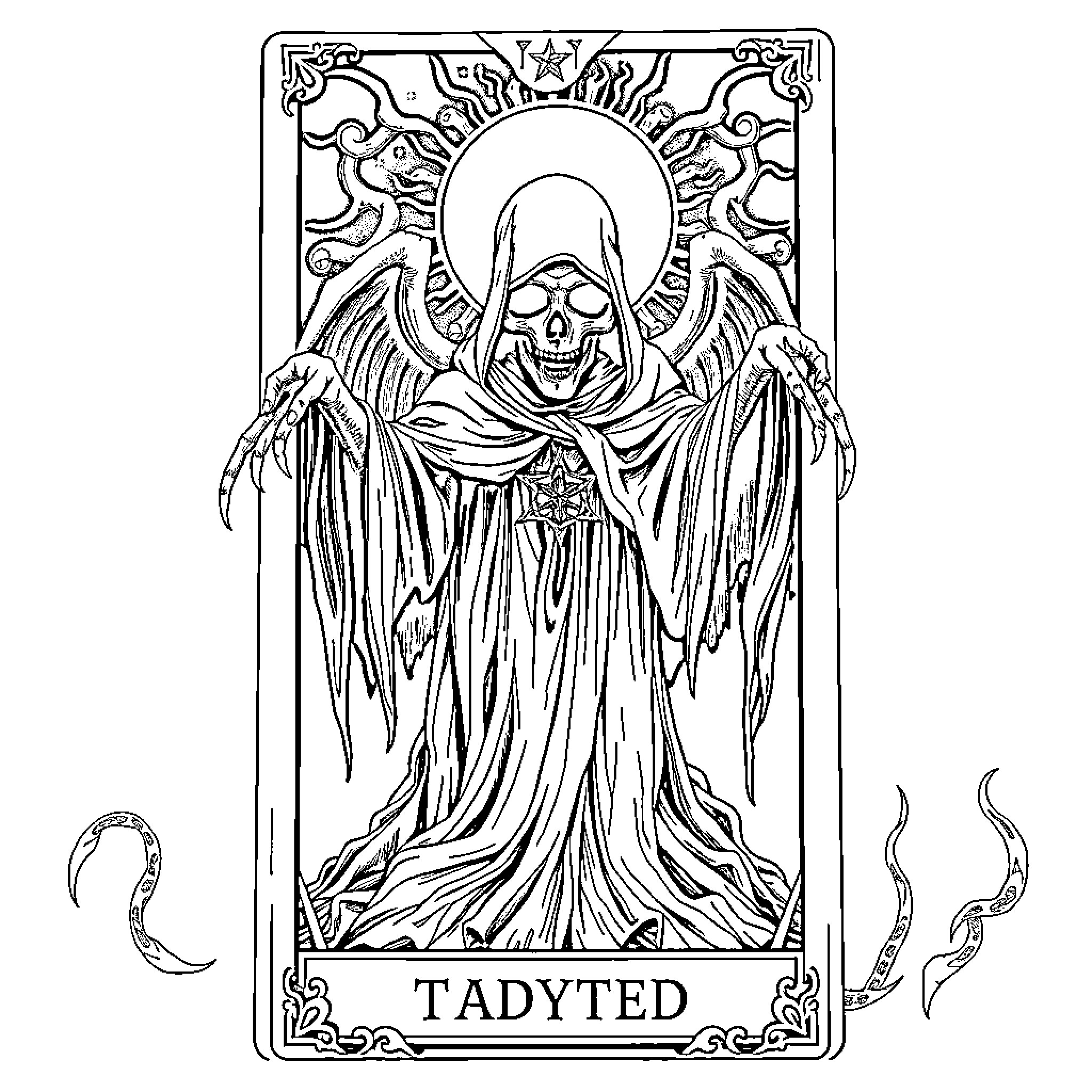 Death Tarot Card - Hooded figure with wings and scythe Coloring Page (free black-and-white line drawing printable PDF for all, from beginners to advanced learners, including children, teens, adults, and seniors)