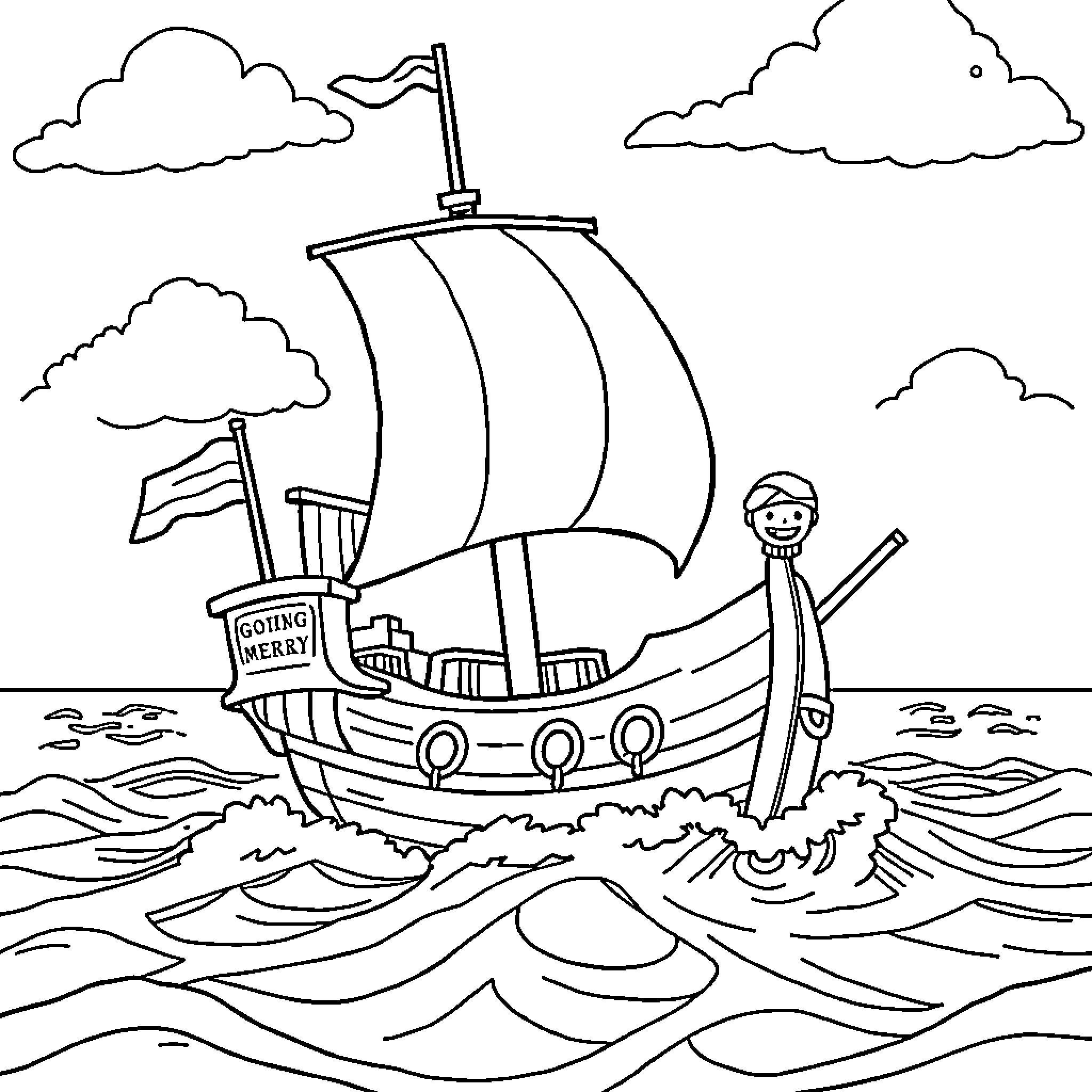 Going Merry Sailing on Stormy Seas Coloring Page (free black-and-white line drawing printable PDF for all, from beginners to advanced learners, including children, teens, adults, and seniors)