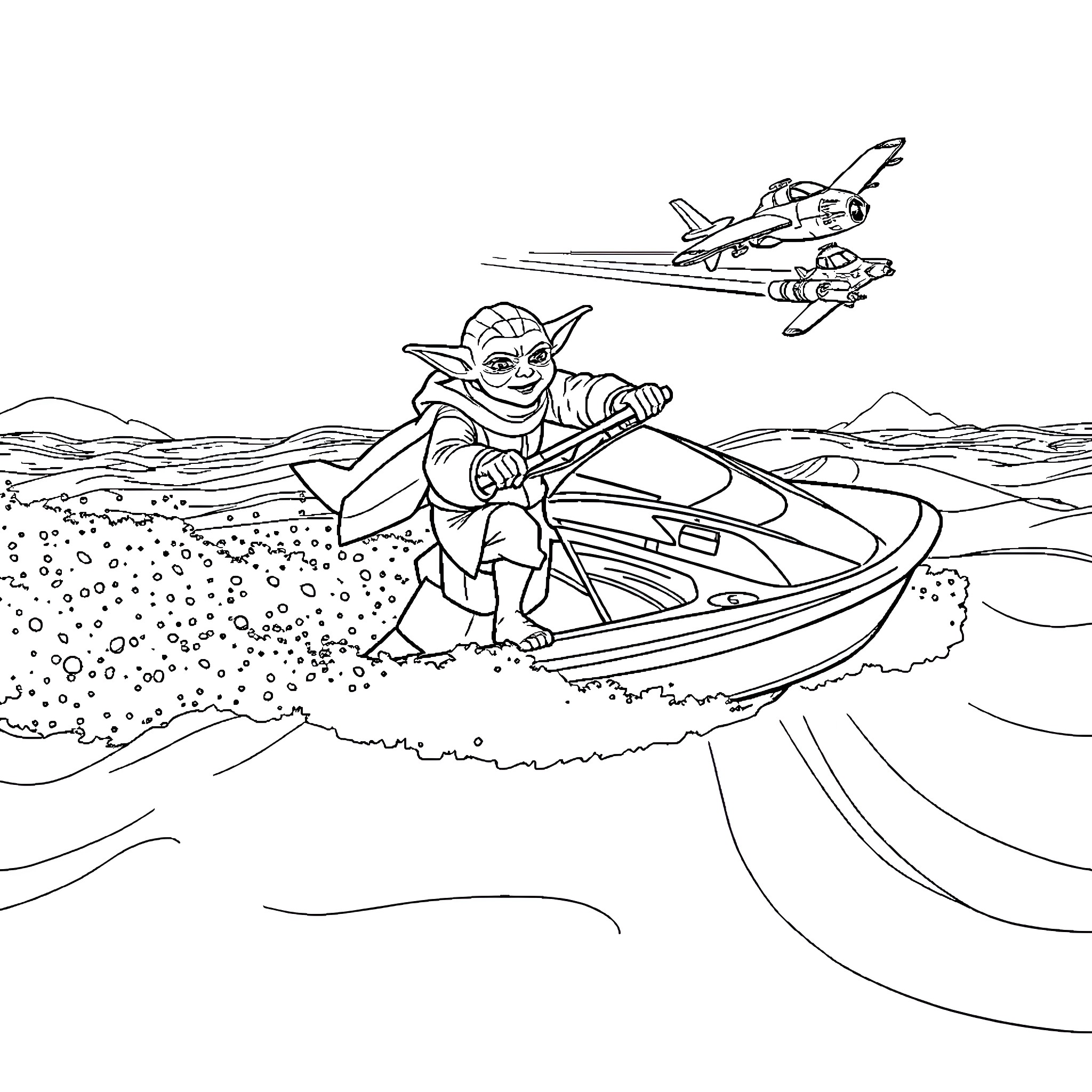Yoda rides a speeder bike through a desert landscape Coloring Page (free black-and-white line drawing printable PDF for all, from beginners to advanced learners, including children, teens, adults, and seniors)