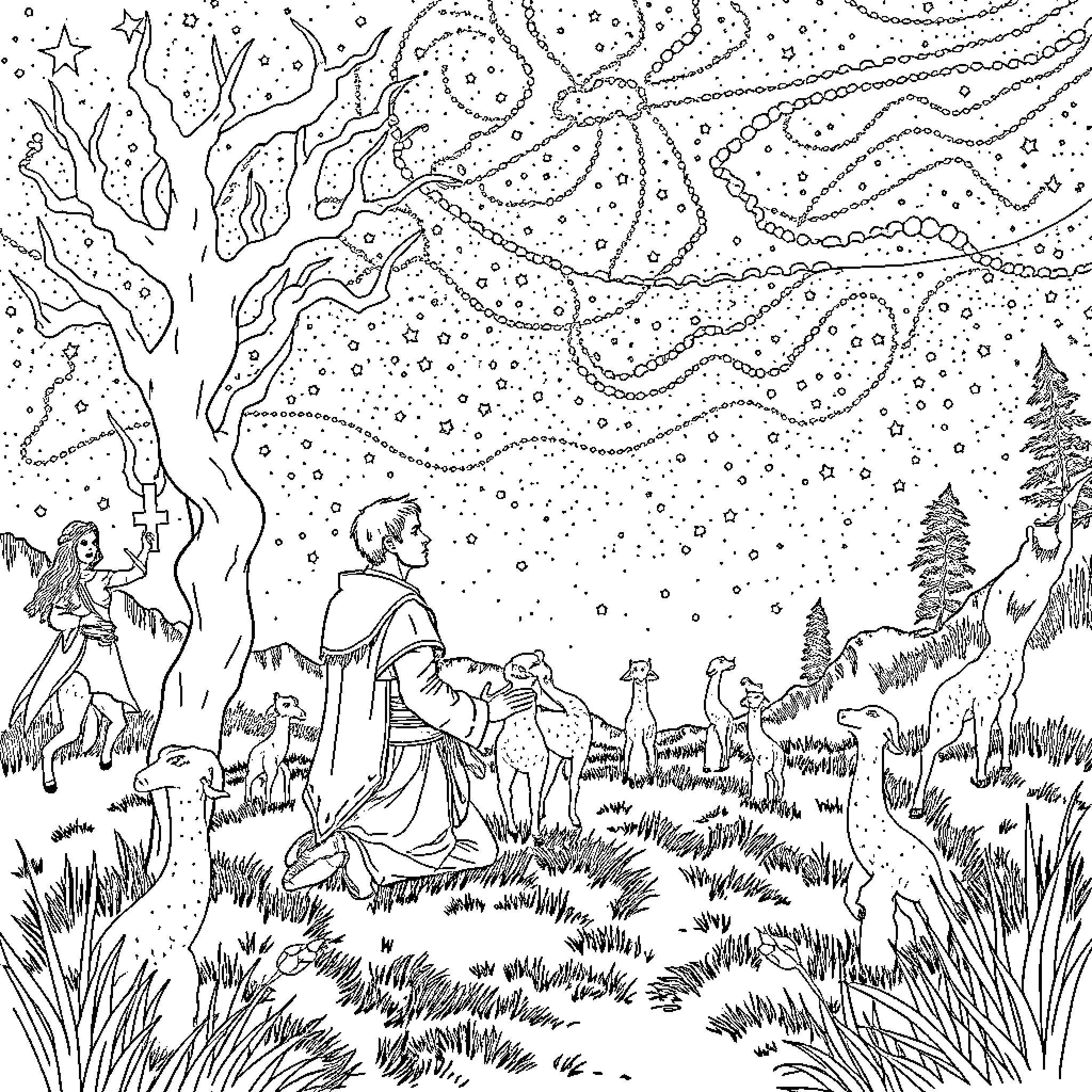 Half Elf Exploring Mystical Woodland Landscape Coloring Page (free black-and-white line drawing printable PDF for all, from beginners to advanced learners, including children, teens, adults, and seniors)