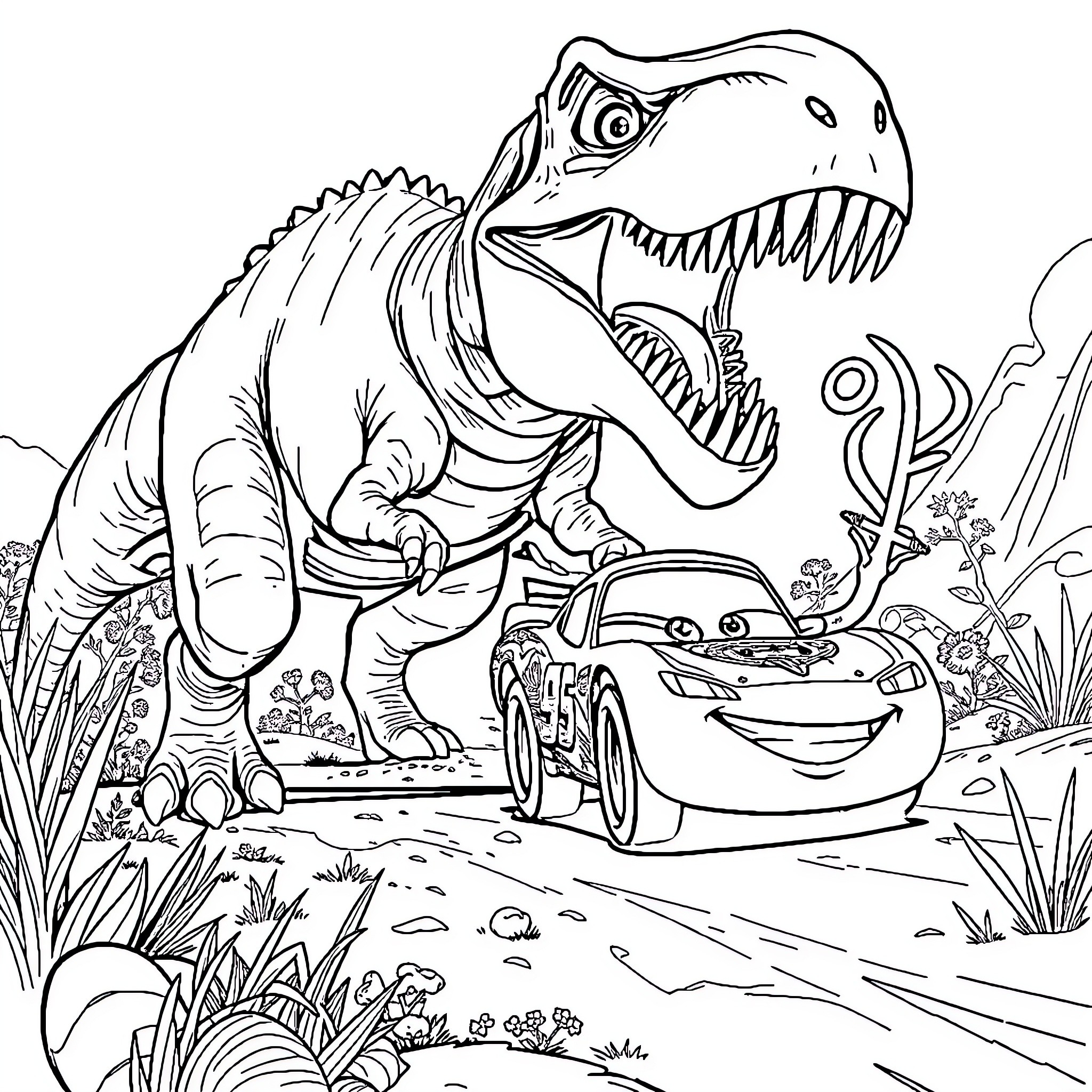 McQueen's Dino Adventure Coloring Page (free black-and-white line drawing printable PDF for all, from beginners to advanced learners, including children, teens, adults, and seniors)