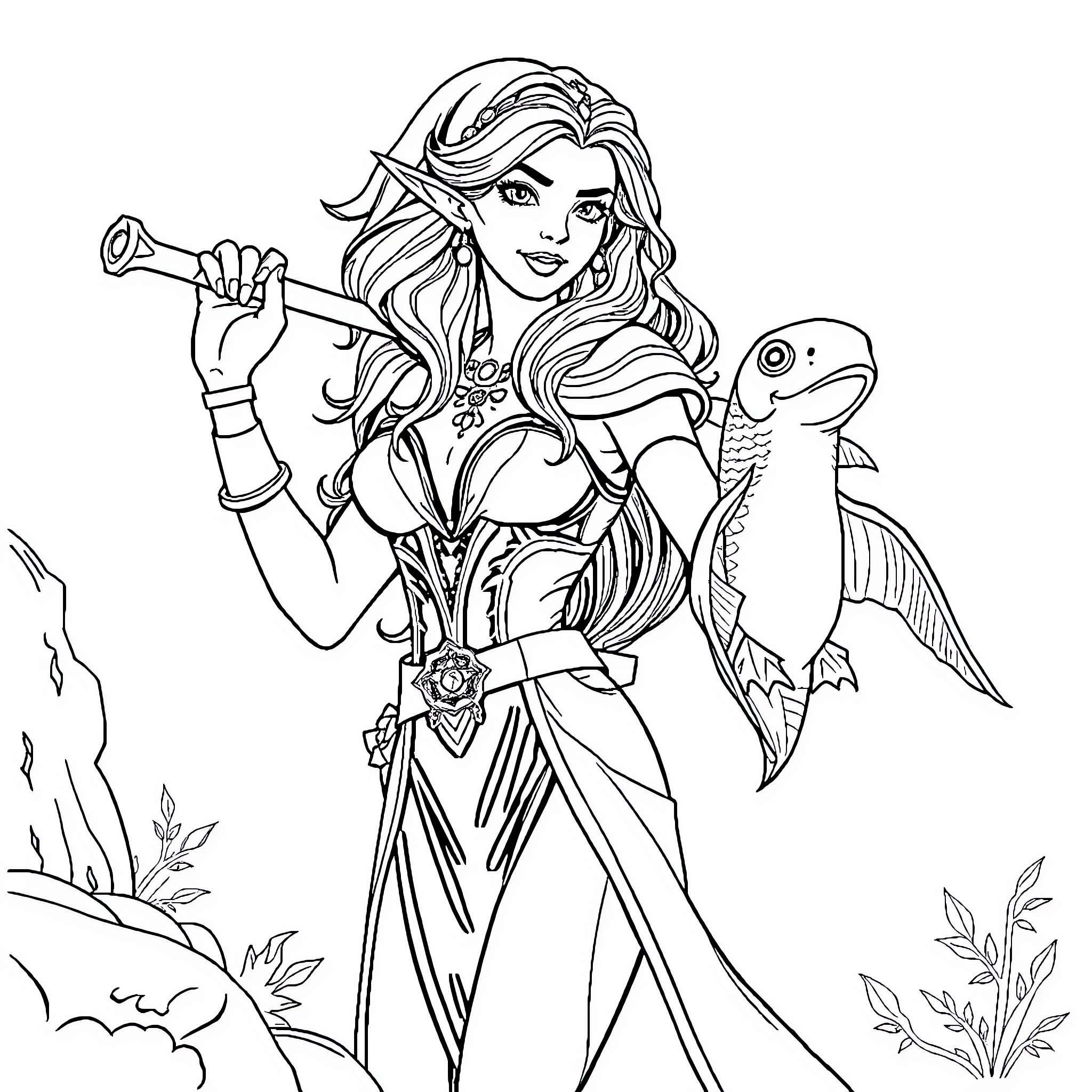 Elfa the Seafaring Siren with Enchanting Companion Coloring Page (free black-and-white line drawing printable PDF for all, from beginners to advanced learners, including children, teens, adults, and seniors)