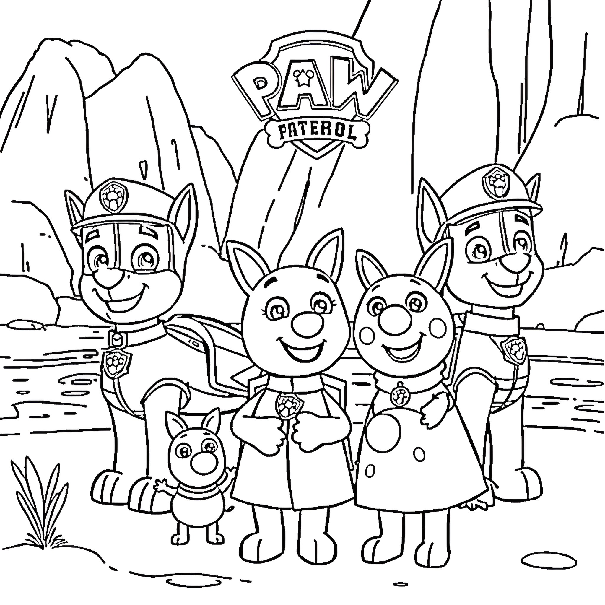 Paw Patrol characters on an adventure Coloring Page (free black-and-white line drawing printable PDF for all, from beginners to advanced learners, including children, teens, adults, and seniors)