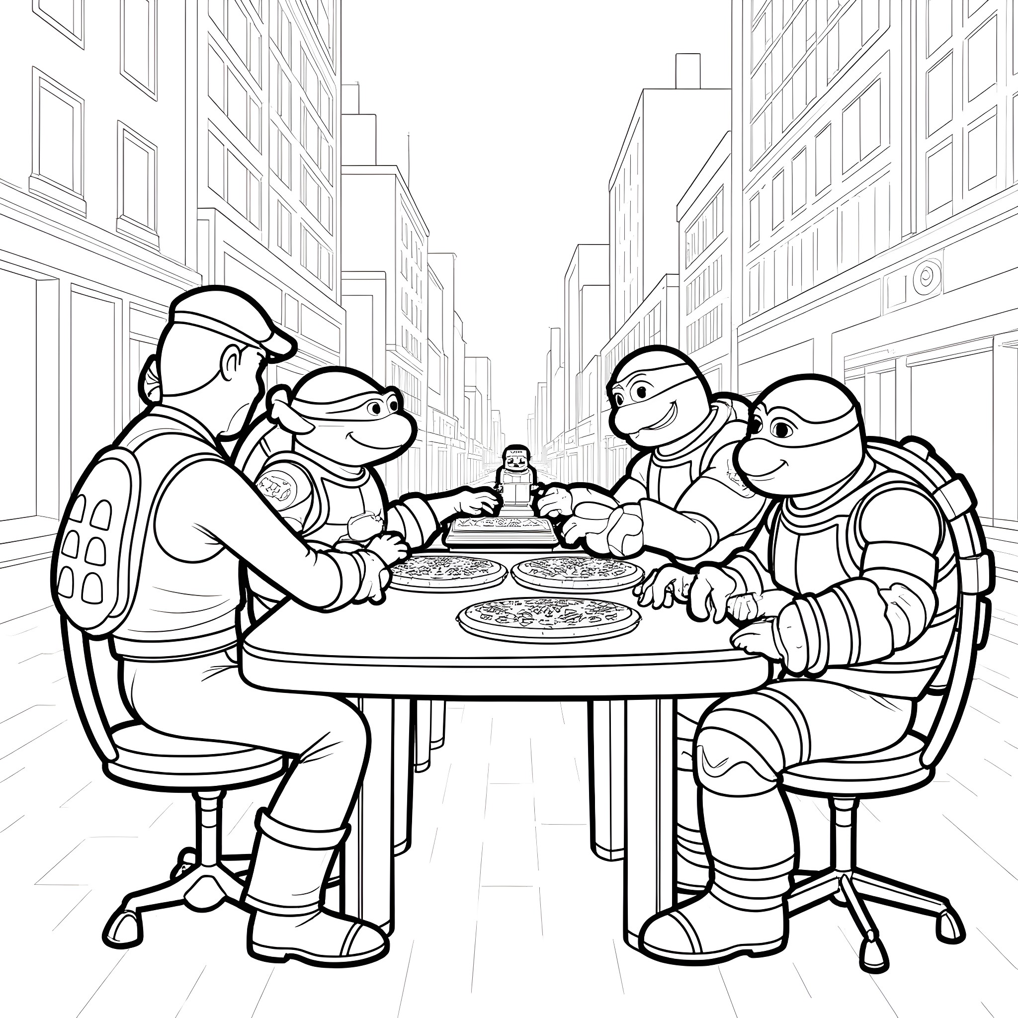 Character Enjoying Pizza Together in City Setting Coloring Page (free black-and-white line drawing printable PDF for all, from beginners to advanced learners, including children, teens, adults, and seniors)