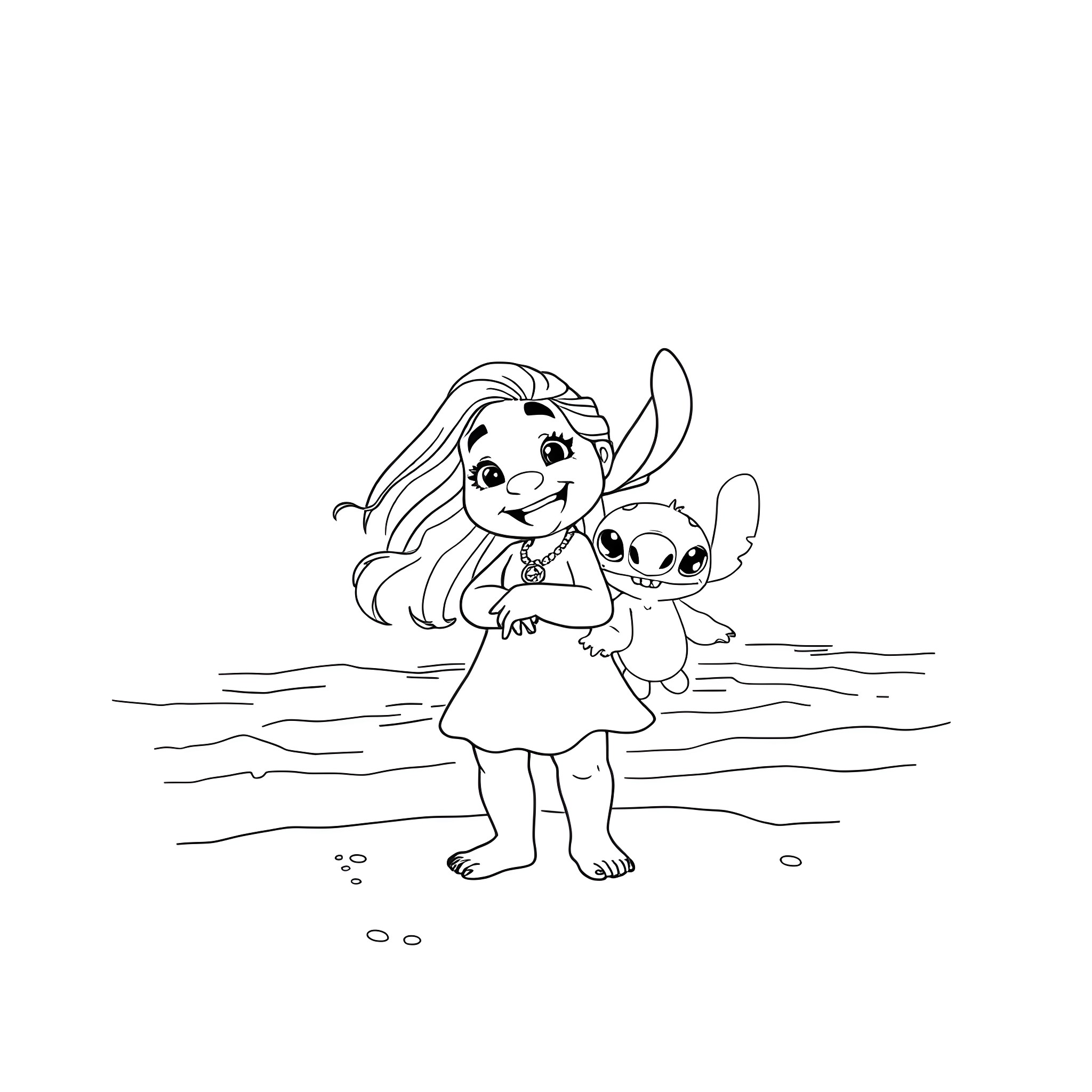 Lilo playing happily with Stitch on the beach Coloring Page (free black-and-white line drawing printable PDF for all, from beginners to advanced learners, including children, teens, adults, and seniors)