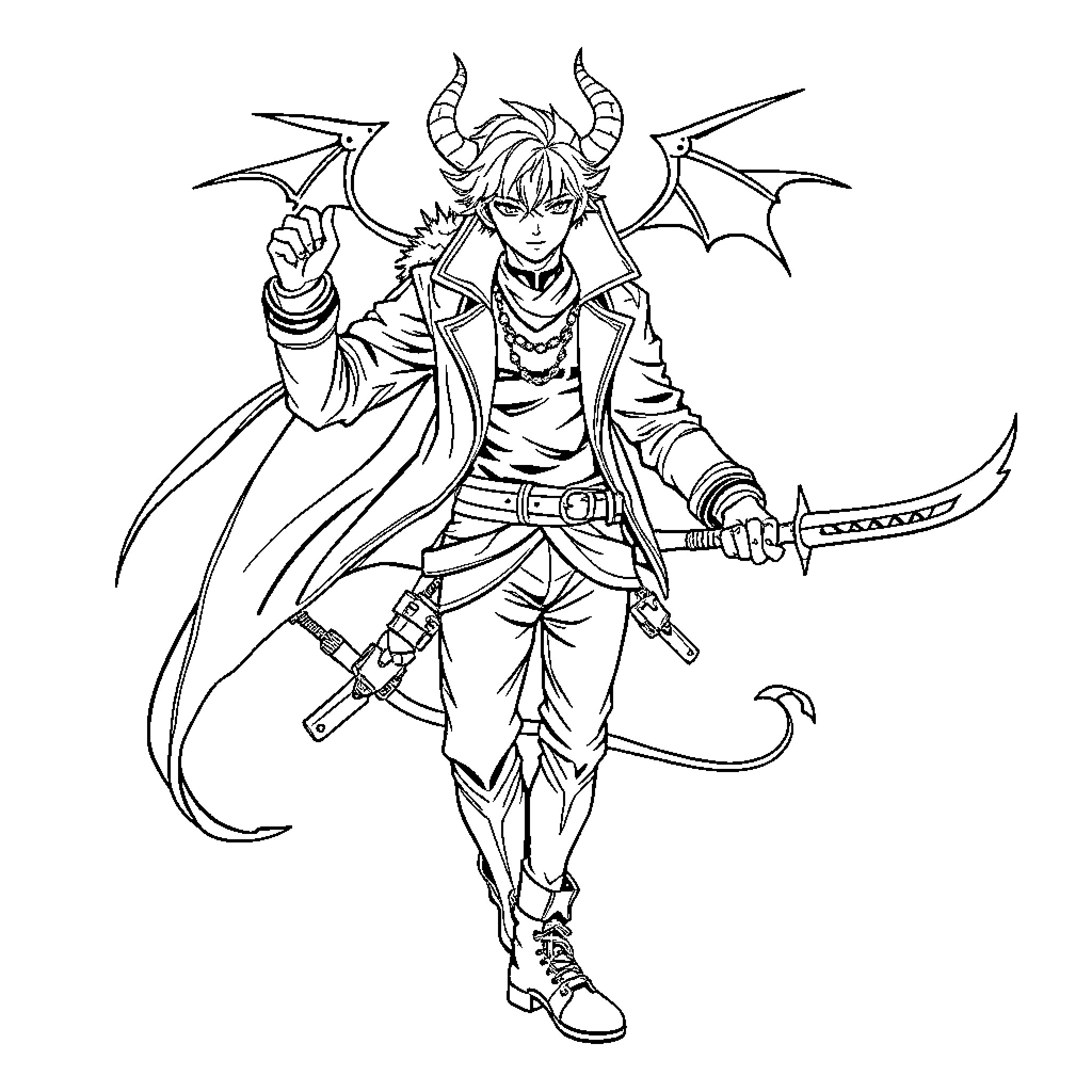Kpop Demon Hunter Wielding Sword and Donning Horned Outfit Coloring Page (free black-and-white line drawing printable PDF for all, from beginners to advanced learners, including children, teens, adults, and seniors)