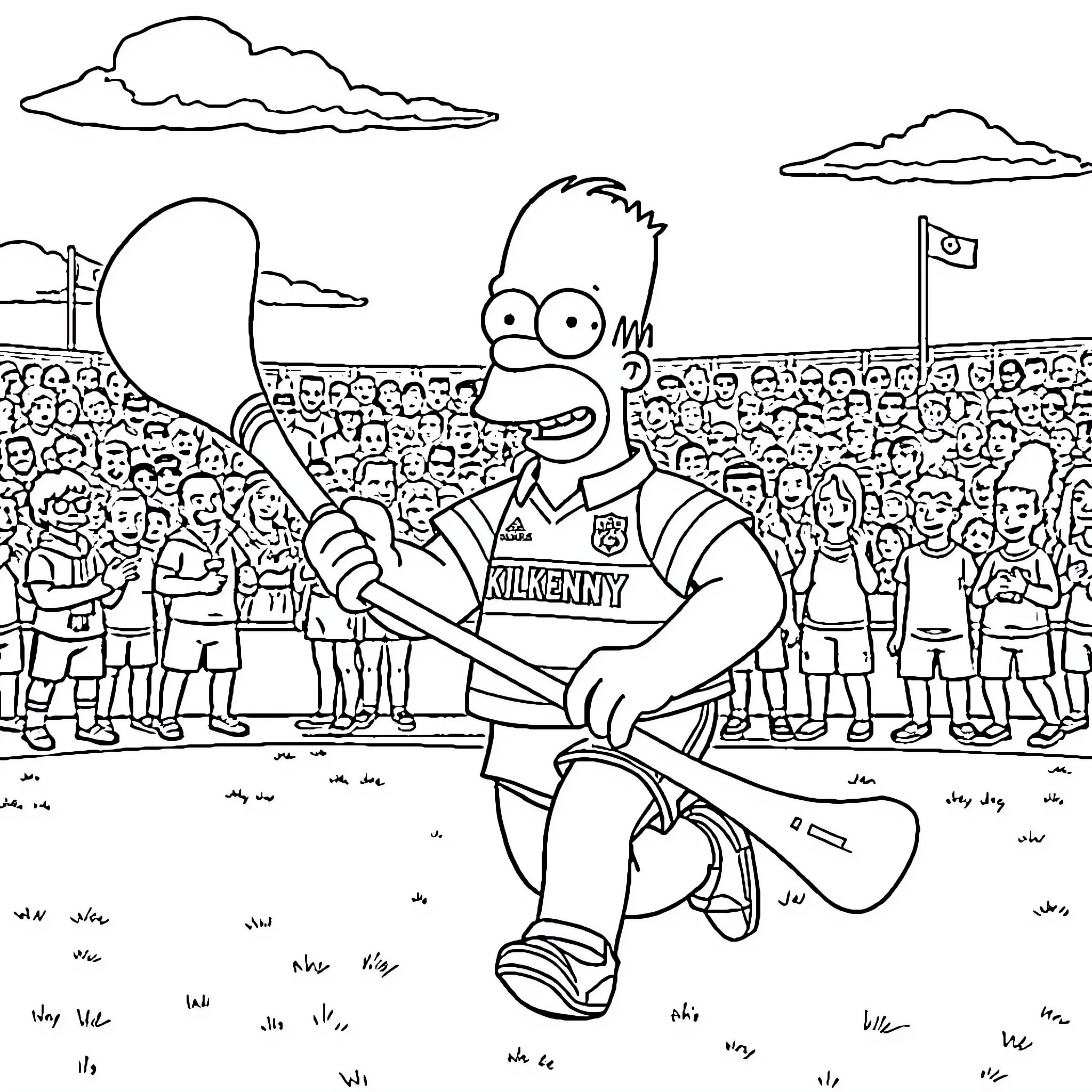Homer Simpson playing baseball in a crowded stadium Coloring Page (free black-and-white line drawing printable PDF for all, from beginners to advanced learners, including children, teens, adults, and seniors)
