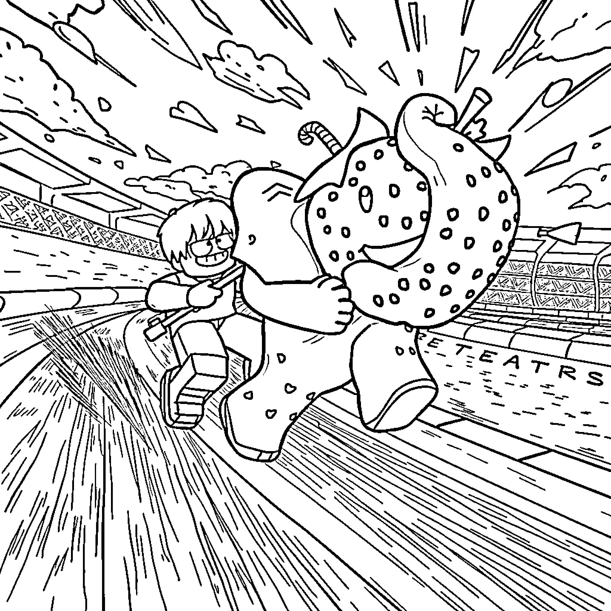 Elephant creature battling a human in a fantastic landscape Coloring Page (free black-and-white line drawing printable PDF for all, from beginners to advanced learners, including children, teens, adults, and seniors)