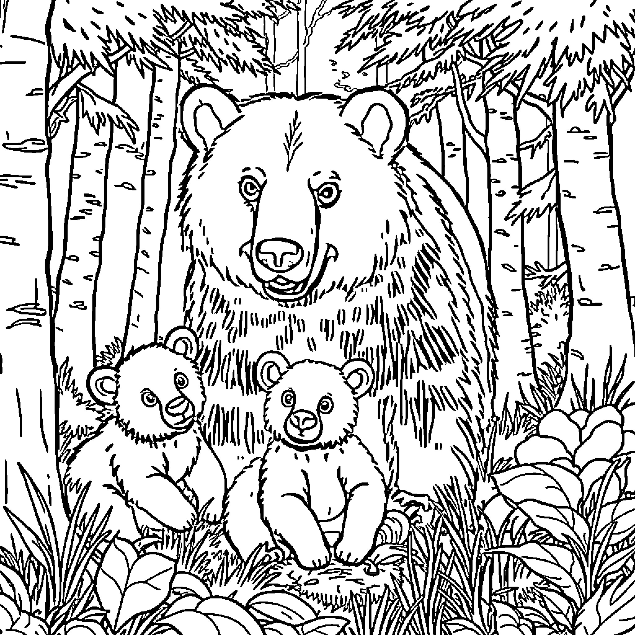 Bear family in the forest Coloring Page (free black-and-white line drawing printable PDF for all, from beginners to advanced learners, including children, teens, adults, and seniors)