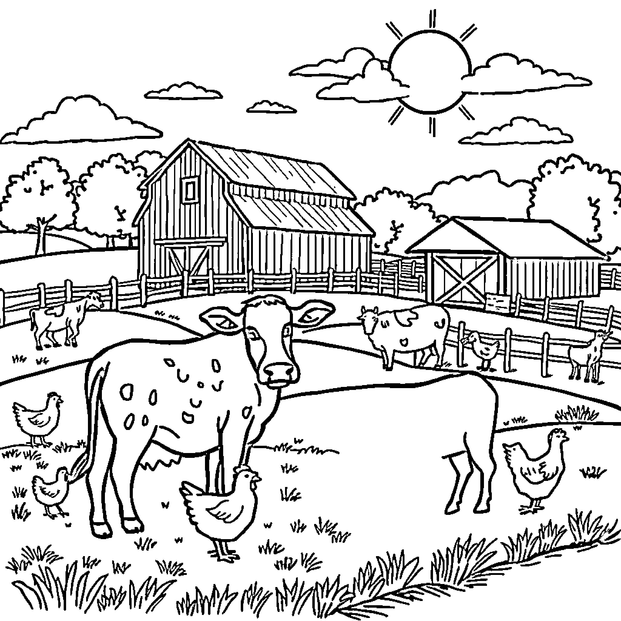 Farm scene with barn, animals, and sunny skies Coloring Page (free black-and-white line drawing printable PDF for all, from beginners to advanced learners, including children, teens, adults, and seniors)