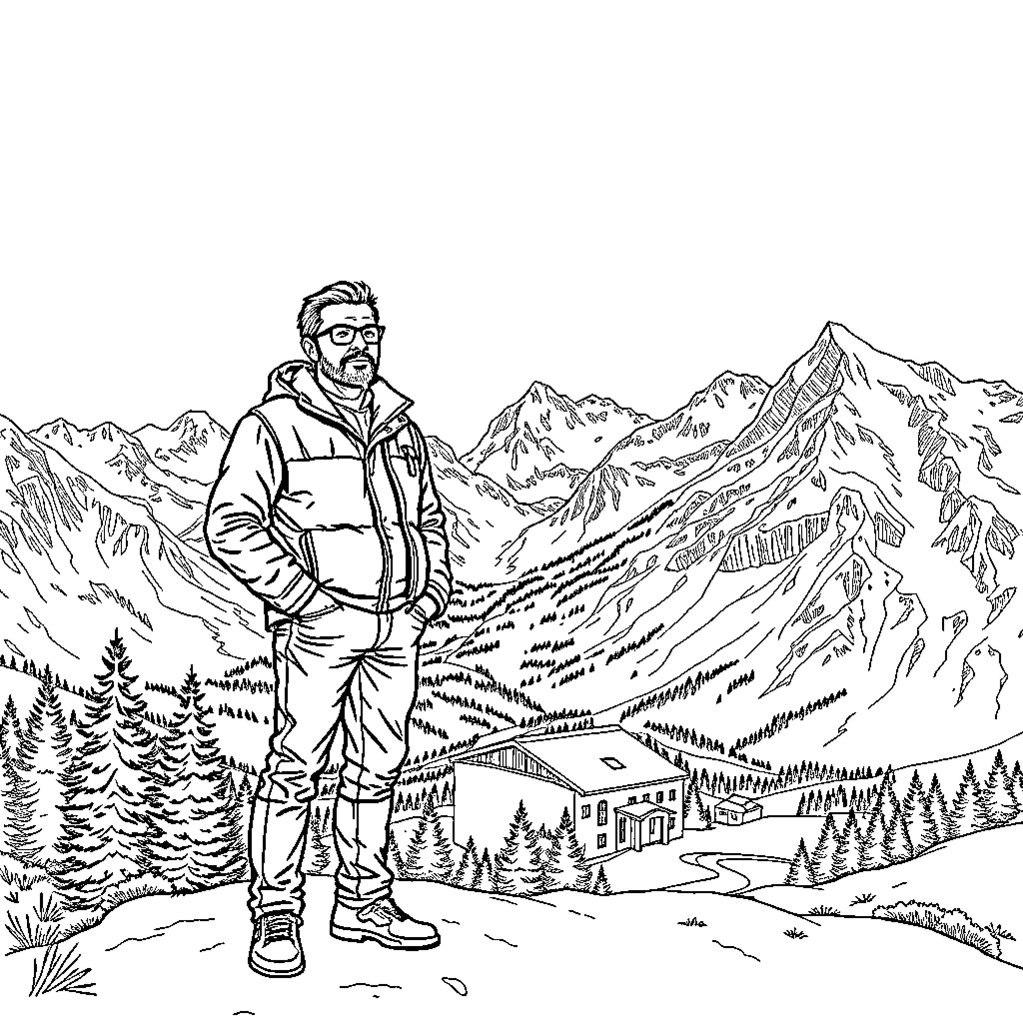 Yamal explorer in snow-capped mountains Coloring Page (free black-and-white line drawing printable PDF for all, from beginners to advanced learners, including children, teens, adults, and seniors)