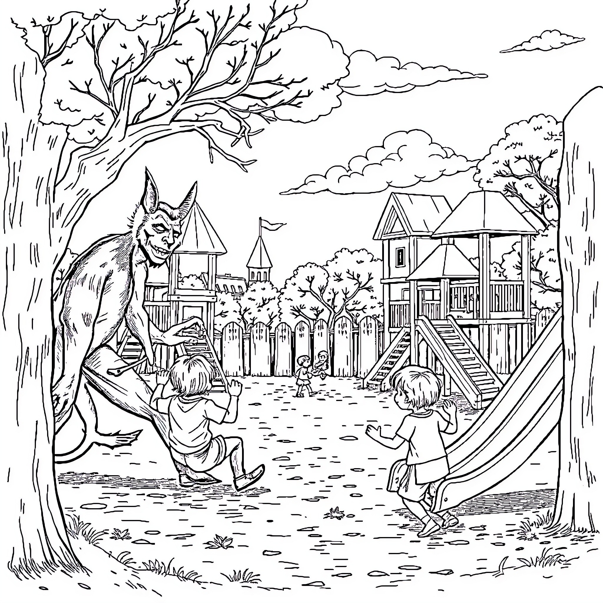 Devil Playing with Children in Backyard Coloring Page (free black-and-white line drawing printable PDF for all, from beginners to advanced learners, including children, teens, adults, and seniors)