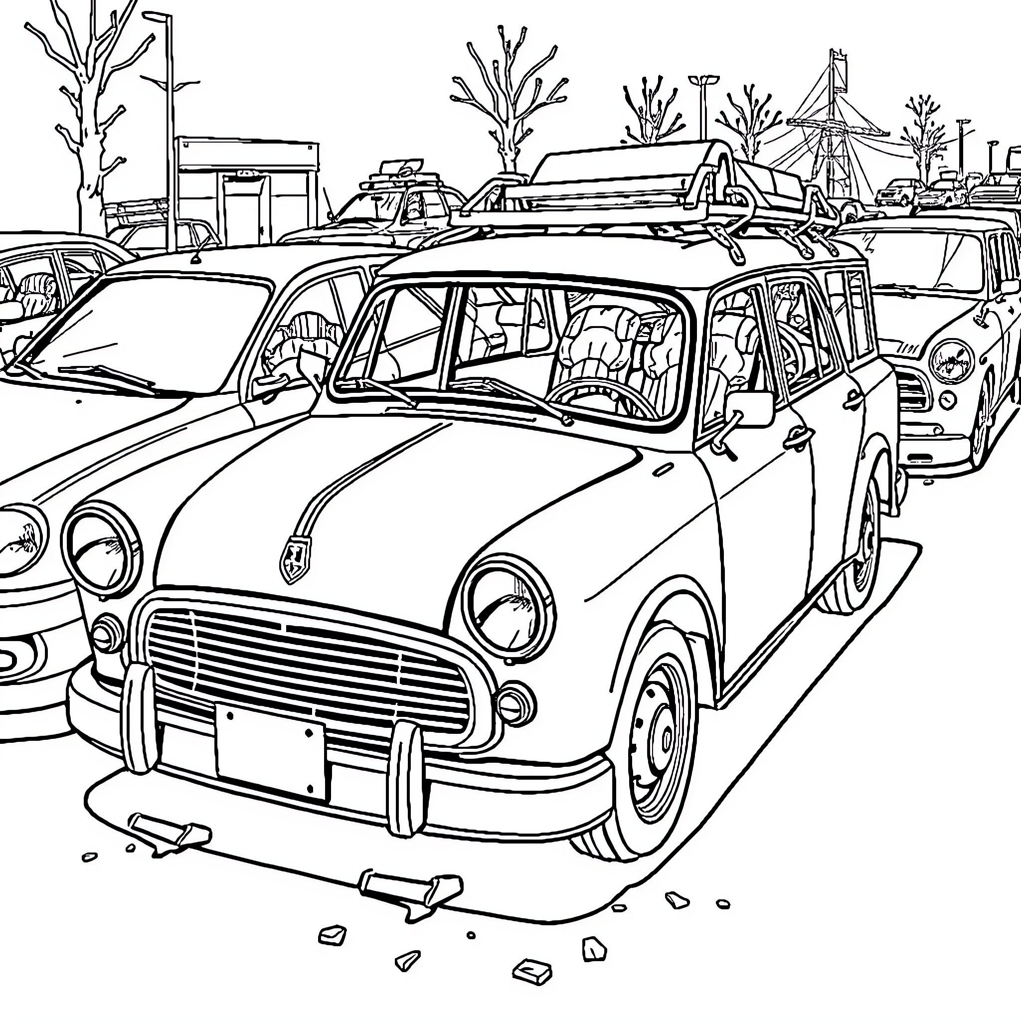 Car Junkyard with Broken Vehicles and Debris Coloring Page (free black-and-white line drawing printable PDF for all, from beginners to advanced learners, including children, teens, adults, and seniors)