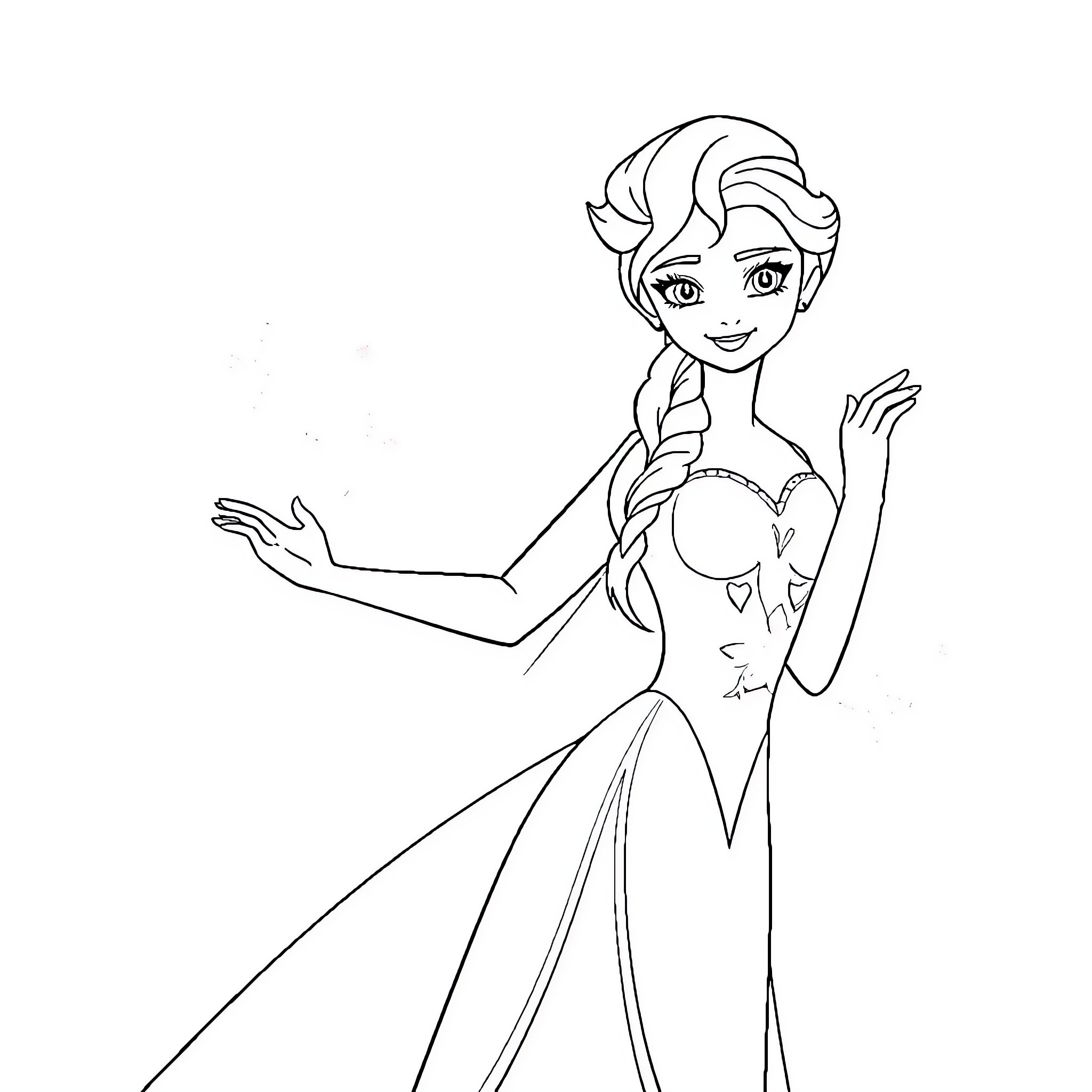 Elsa in a Lovely Gown Waving Gracefully Coloring Page (free black-and-white line drawing printable PDF for all, from beginners to advanced learners, including children, teens, adults, and seniors)