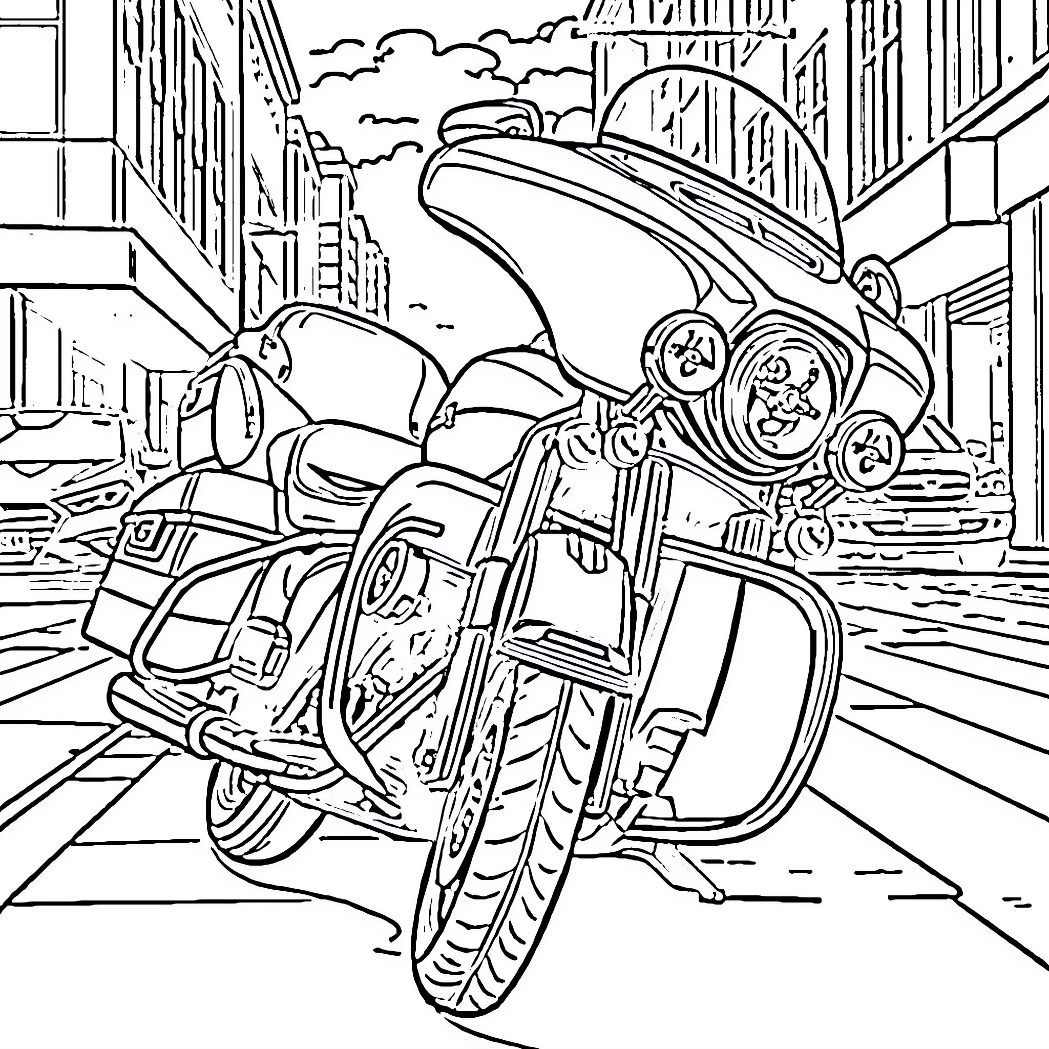 Harley Davidson Motorcycle Ride through the City Coloring Page (free black-and-white line drawing printable PDF for all, from beginners to advanced learners, including children, teens, adults, and seniors)