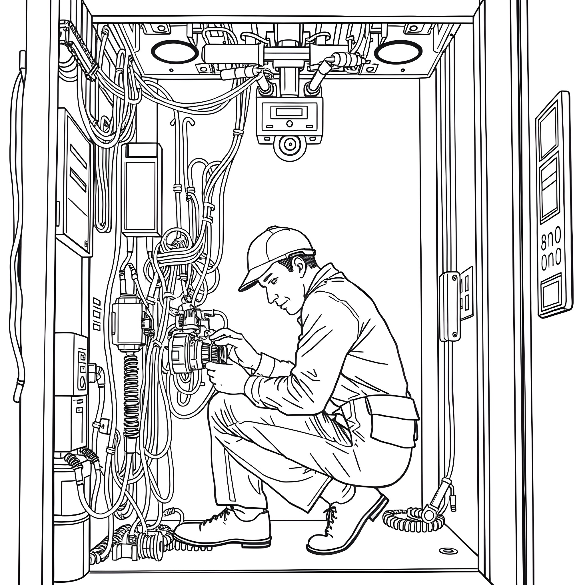Elevator Mechanic Repairing Elevator Equipment Coloring Page (free black-and-white line drawing printable PDF for all, from beginners to advanced learners, including children, teens, adults, and seniors)