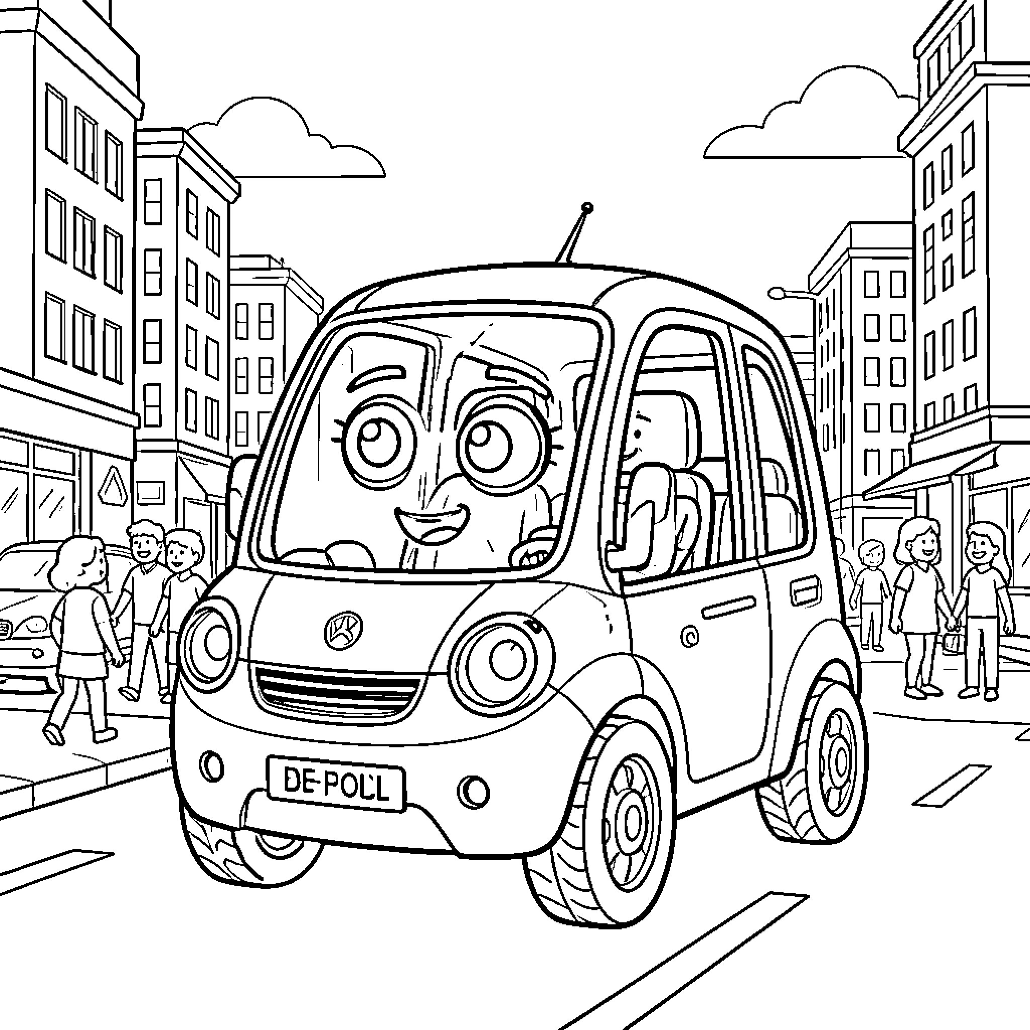 Robotcar driving happily through a busy city street Coloring Page (free black-and-white line drawing printable PDF for all, from beginners to advanced learners, including children, teens, adults, and seniors)