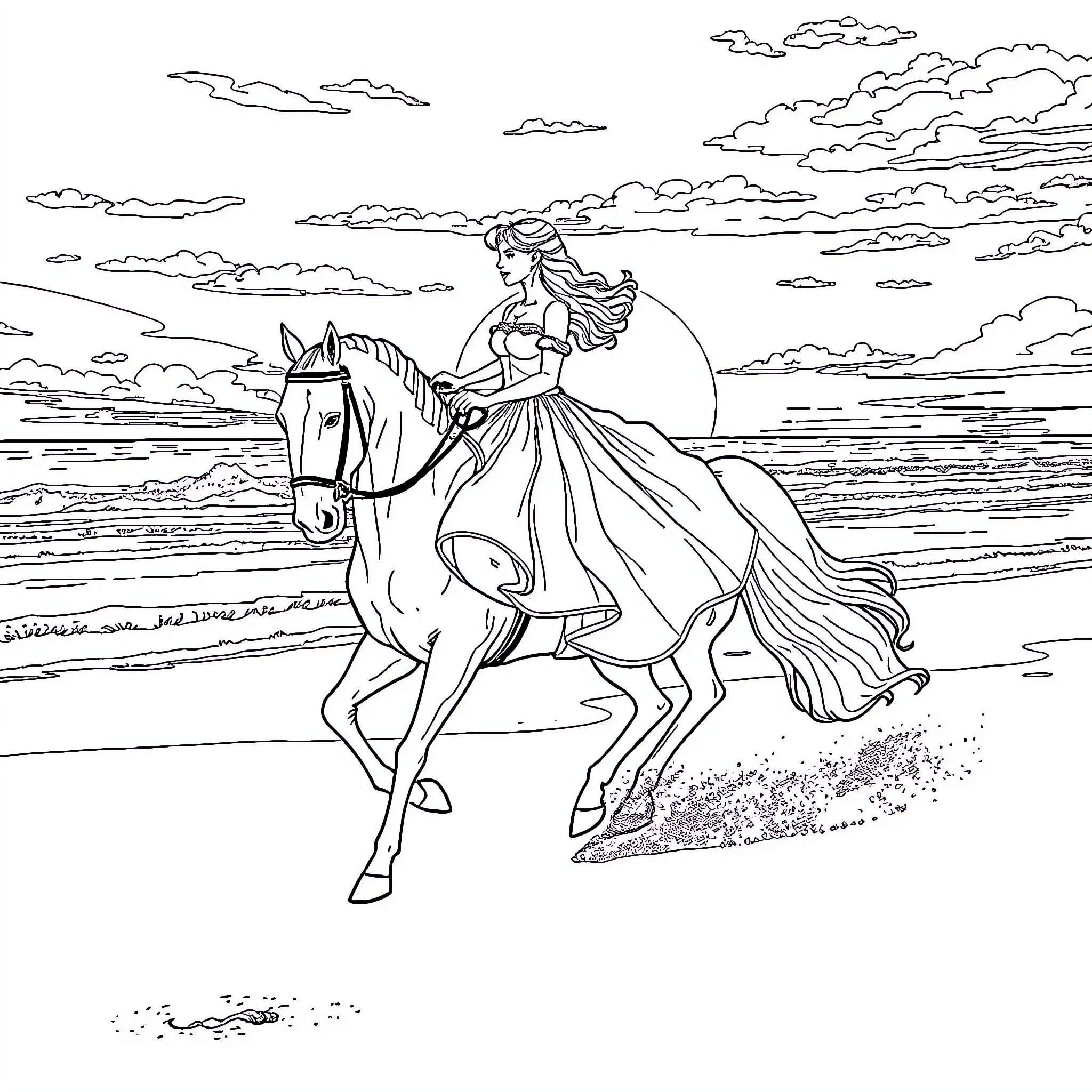 Cavalier riding elegant horse by the moonlit sea Coloring Page (free black-and-white line drawing printable PDF for all, from beginners to advanced learners, including children, teens, adults, and seniors)