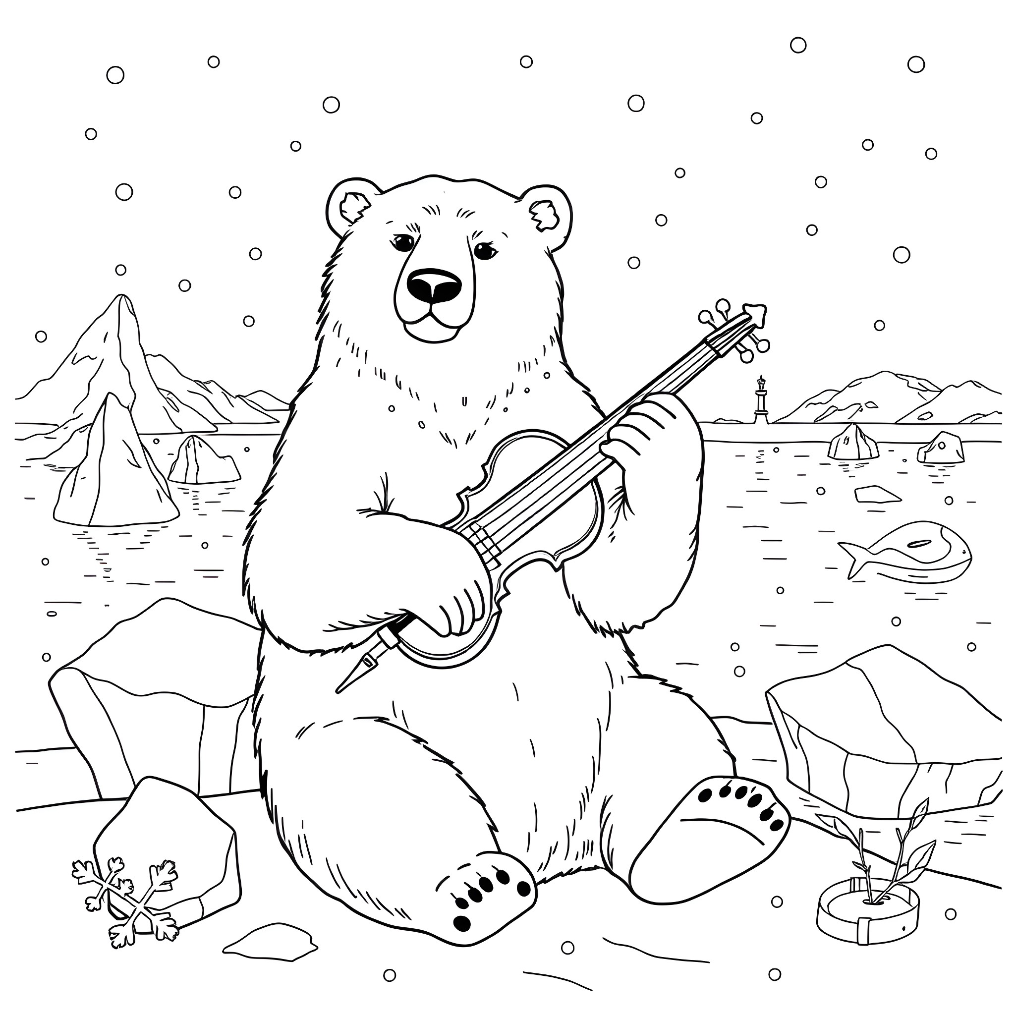 Polar Bear Playing Guitar in Snowy Landscape Coloring Page (free black-and-white line drawing printable PDF for all, from beginners to advanced learners, including children, teens, adults, and seniors)