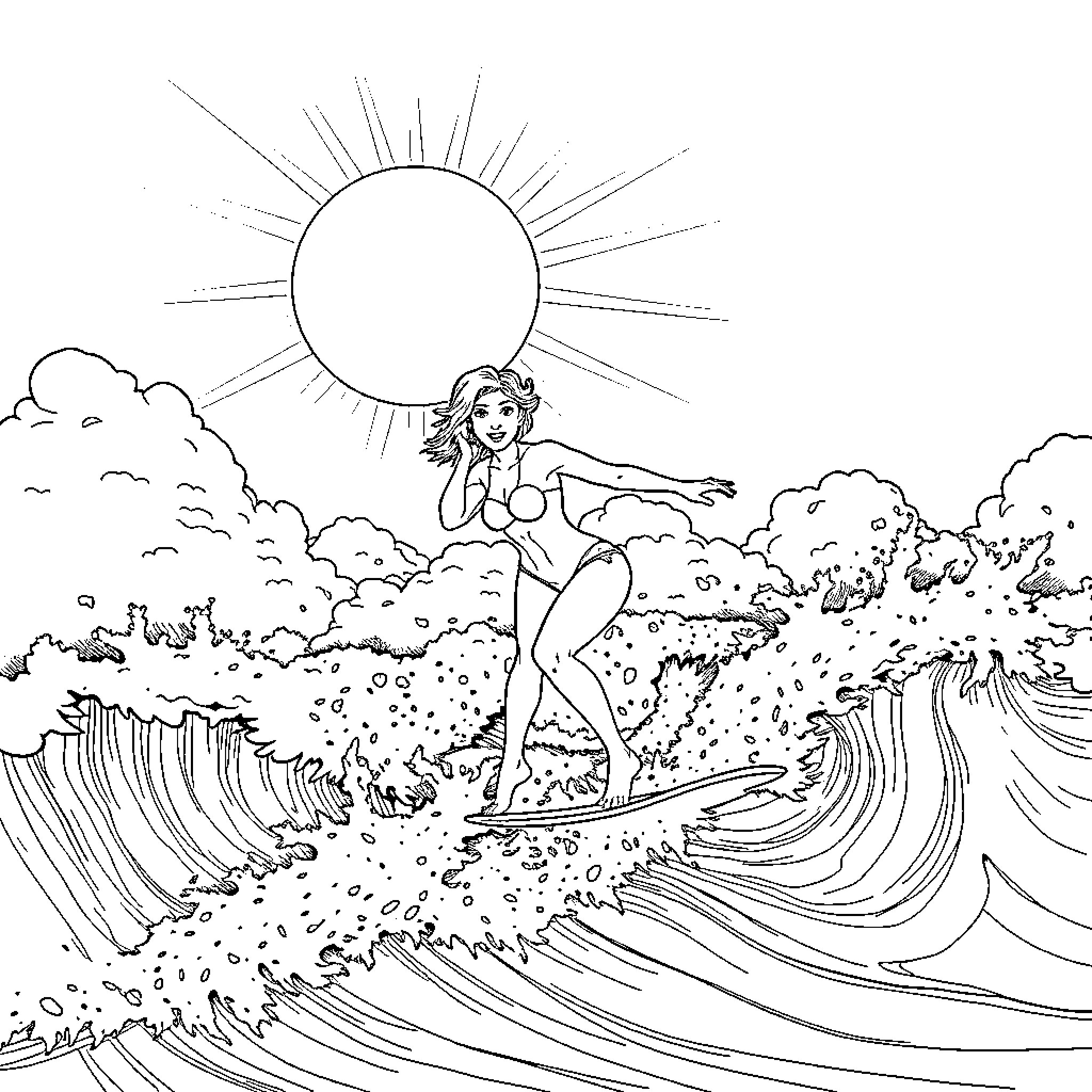 Mom surfing the ocean waves under the sun Coloring Page (free black-and-white line drawing printable PDF for all, from beginners to advanced learners, including children, teens, adults, and seniors)