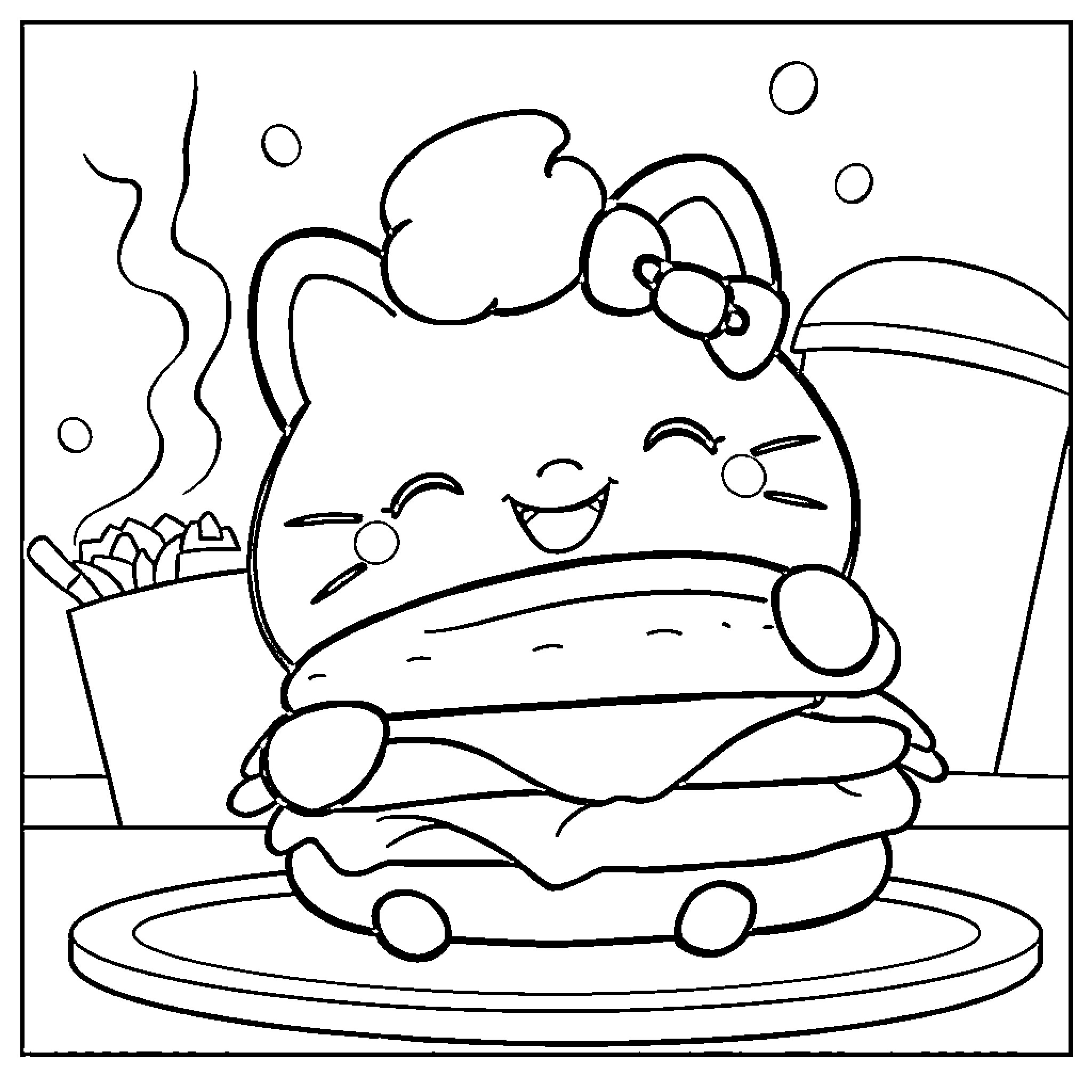 Cinnamoroll enjoying a delightful hamburger Coloring Page (free black-and-white line drawing printable PDF for all, from beginners to advanced learners, including children, teens, adults, and seniors)