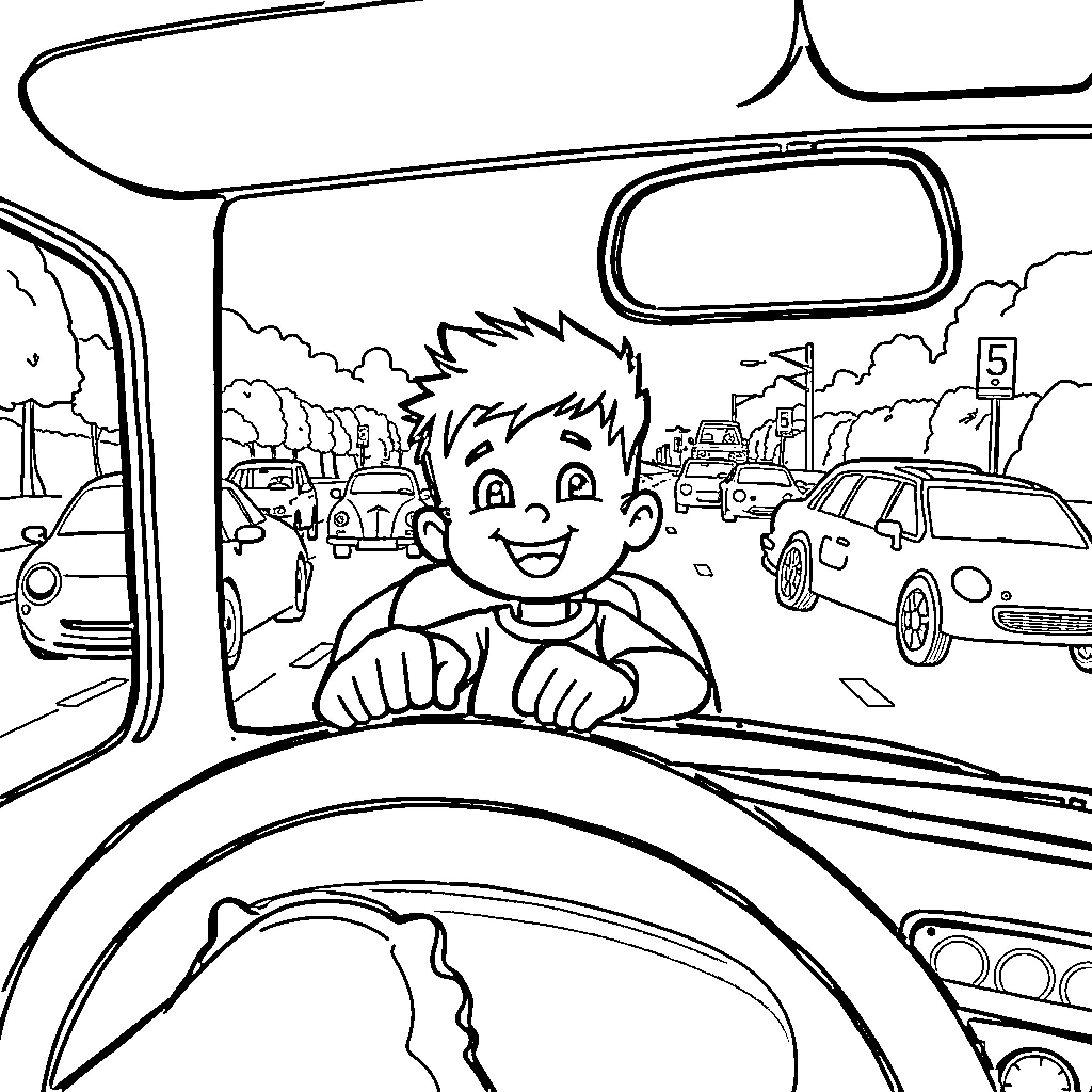 Booba's Happy Drive Through the City Coloring Page (free black-and-white line drawing printable PDF for all, from beginners to advanced learners, including children, teens, adults, and seniors)
