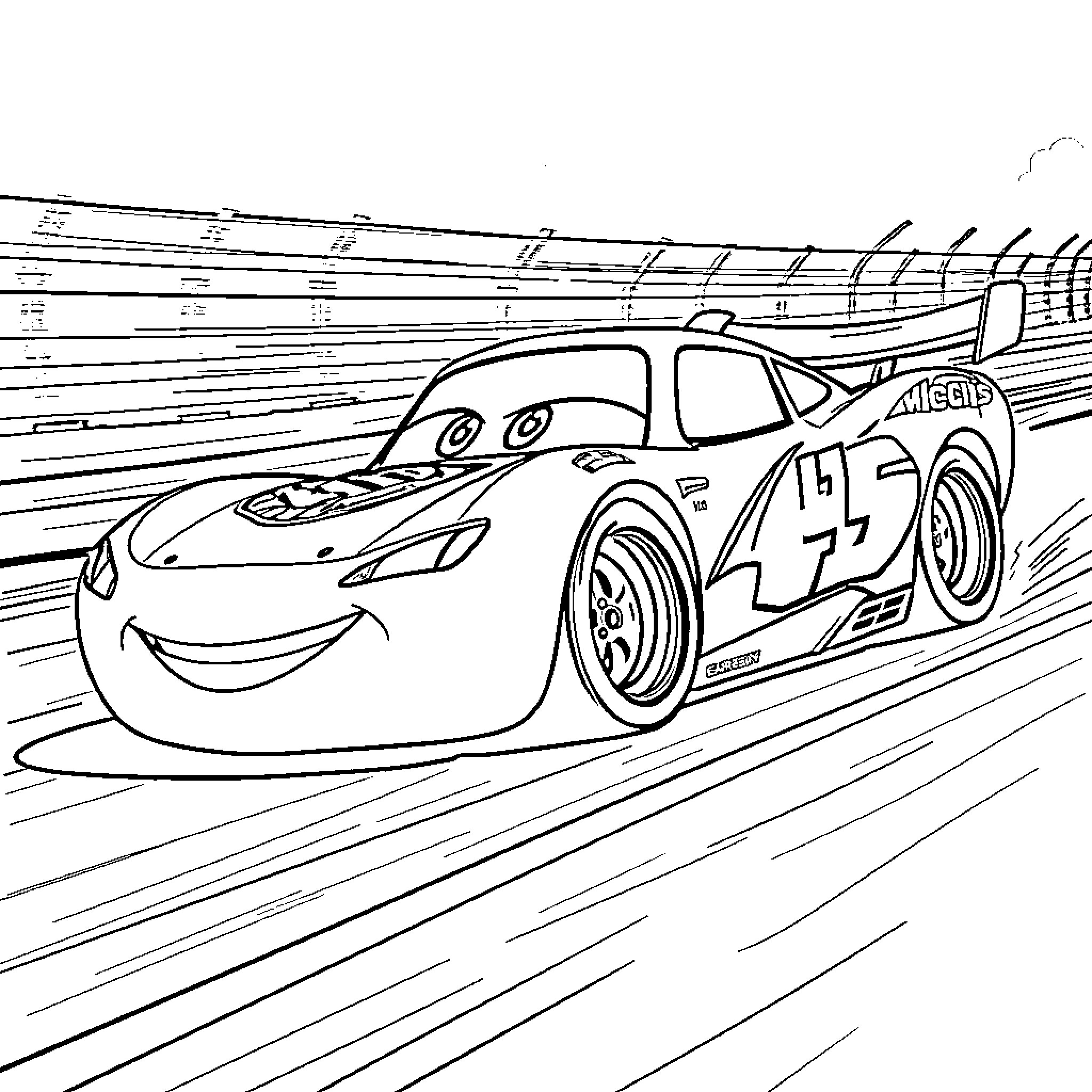 Macqueen's Exciting Race on the Track Coloring Page (free black-and-white line drawing printable PDF for all, from beginners to advanced learners, including children, teens, adults, and seniors)